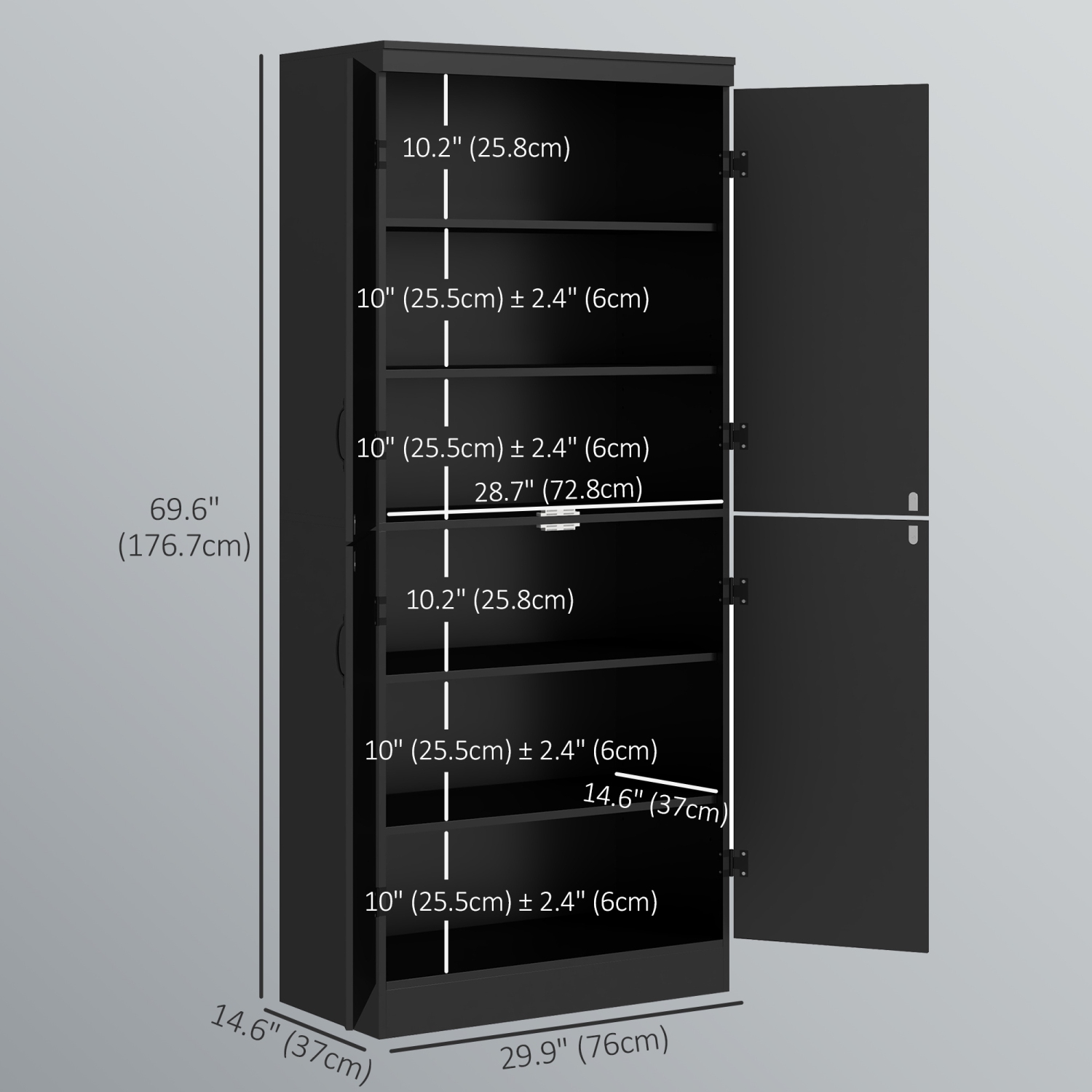 HOMCOM – Armoire garde-manger de 70 po, armoire de rangement autonome à 4 portes, garde-manger à 6 niveaux pour salon, noir