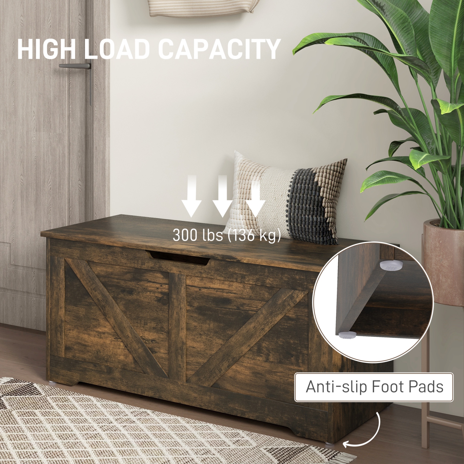 HOMCOM Storage Chest, Storage Bench with 2 Safety Hinges and U-shaped Cut-out Pull for Living Room, Entryway, 39.4" x 15.7" x 17.7", Supports 300