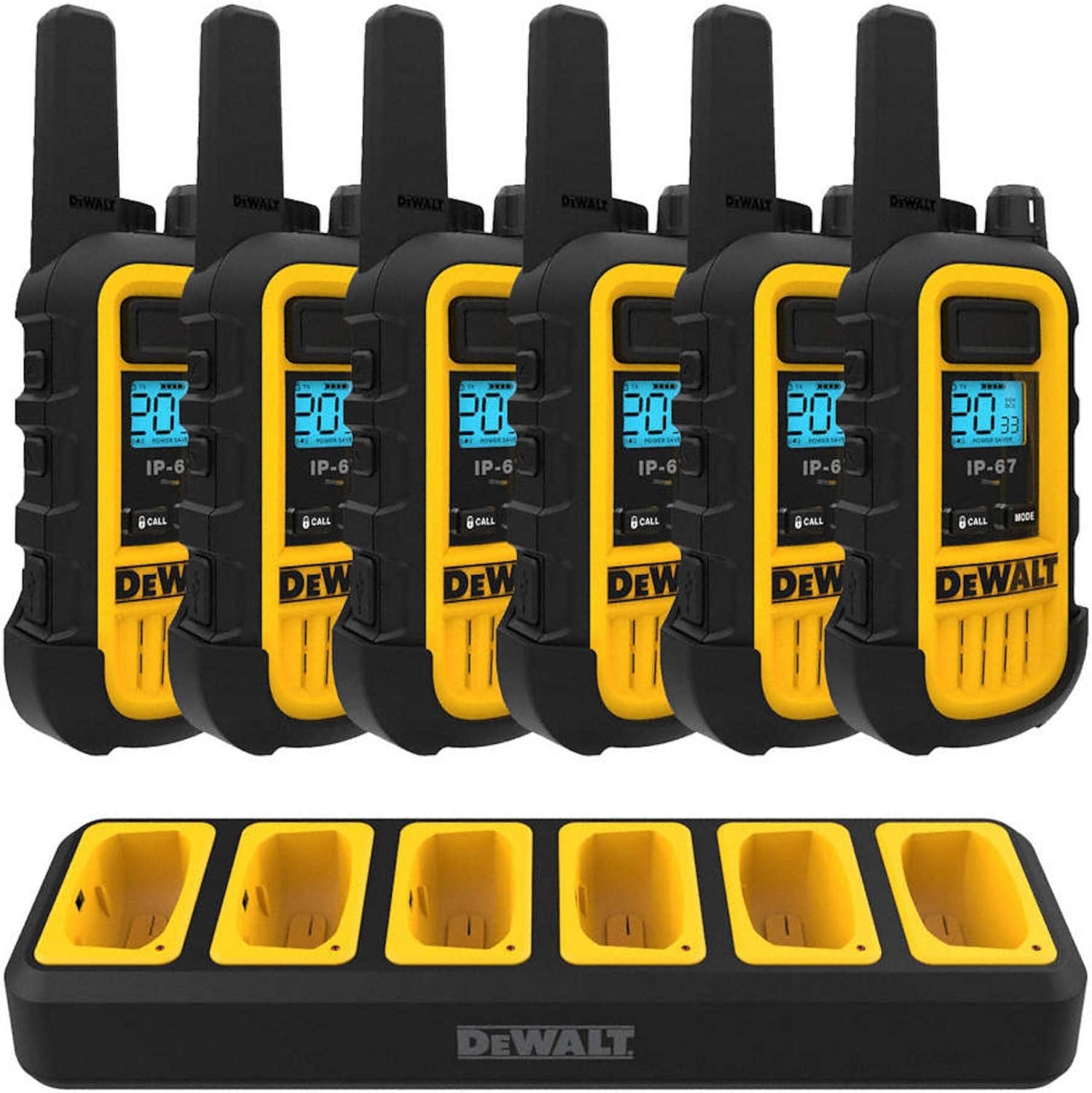 DEWALT Heavy Duty Walkie Talkies - Waterproof 2-Way Radio, Shock Resistant, Long Range & Rechargeable Two-Way Radio with VOX (6 Pack (1 Watt))