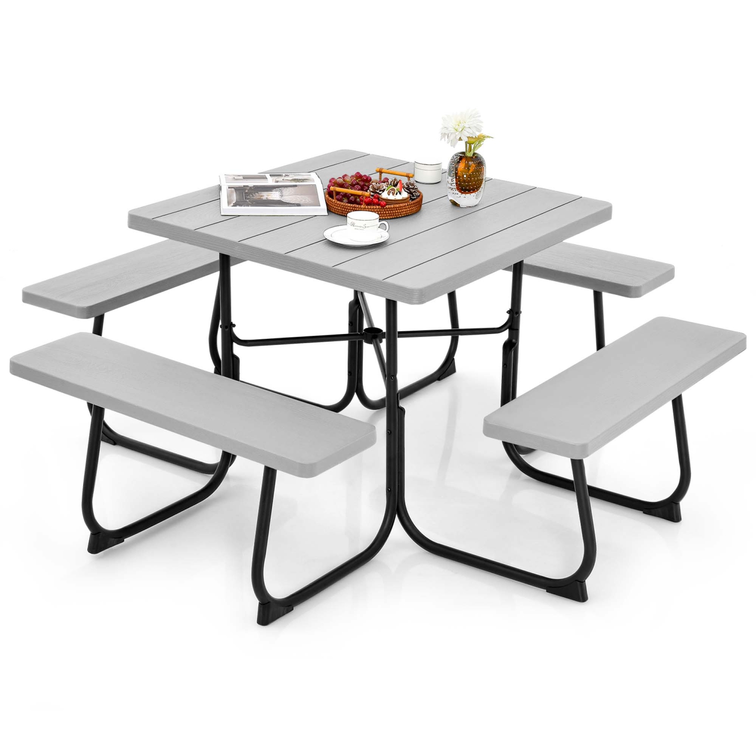 Costway Outdoor 8-person Square Picnic Table Bench Set with 4 Benches & Umbrella Hole
