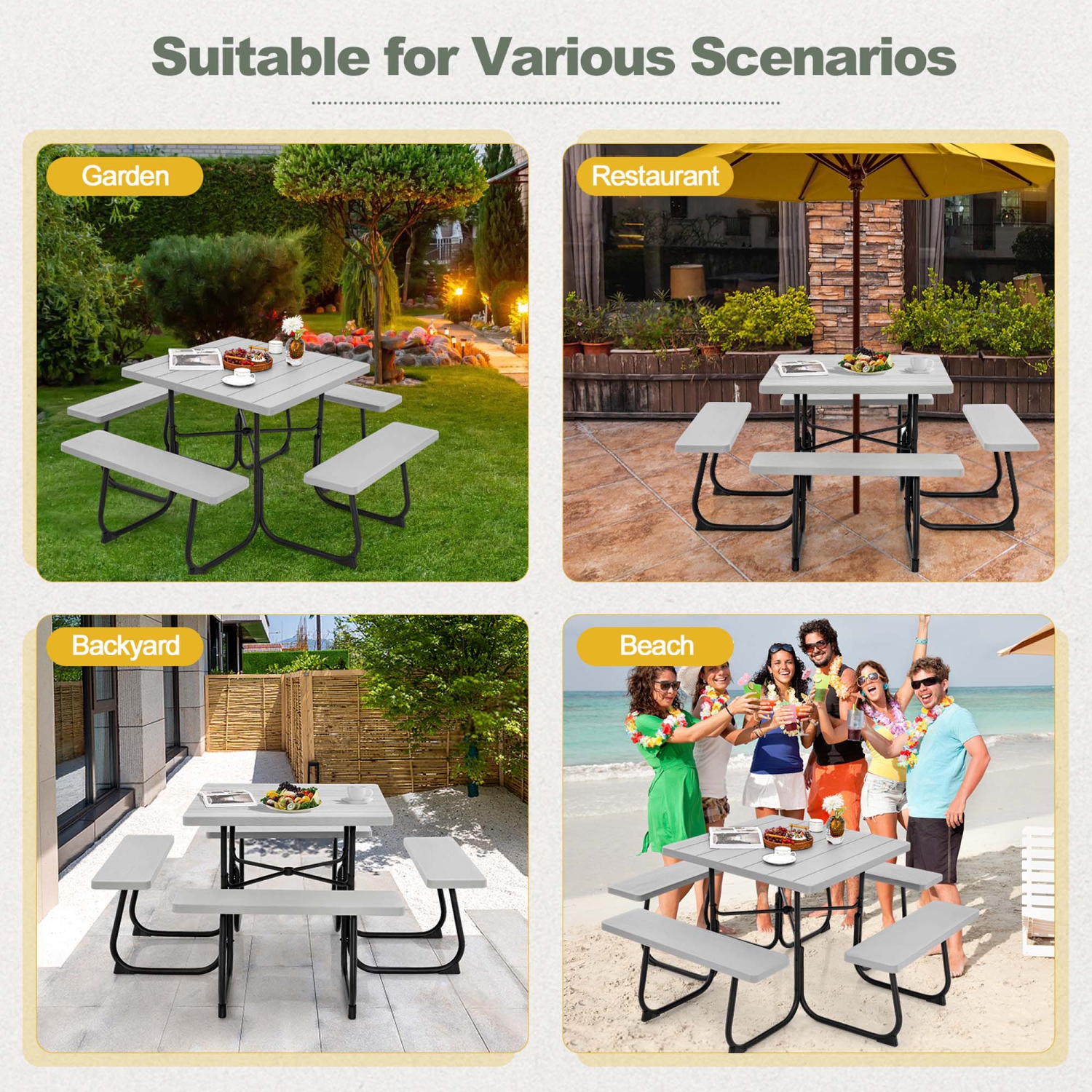 Costway Outdoor 8-person Square Picnic Table Bench Set with 4 Benches & Umbrella Hole
