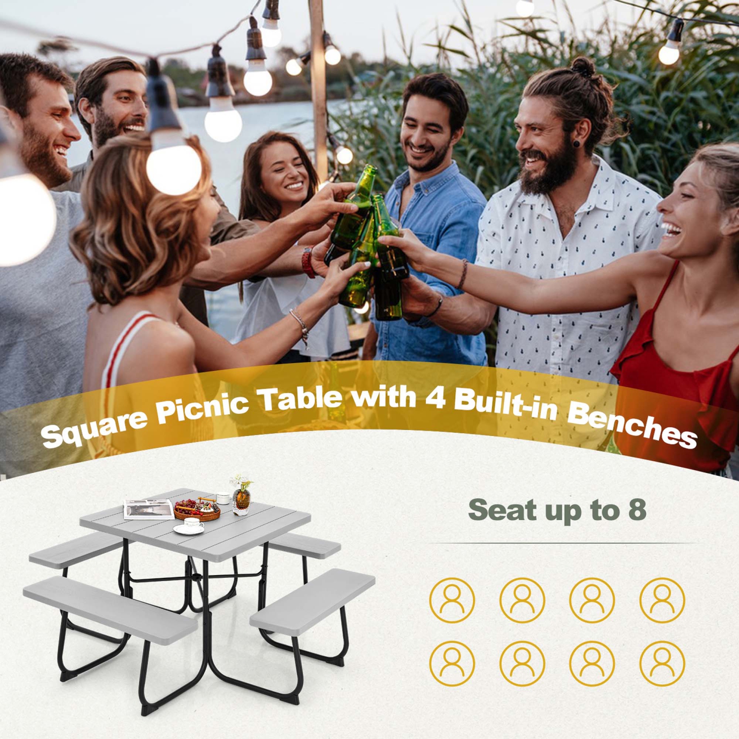 Costway Outdoor 8-person Square Picnic Table Bench Set with 4 Benches & Umbrella Hole
