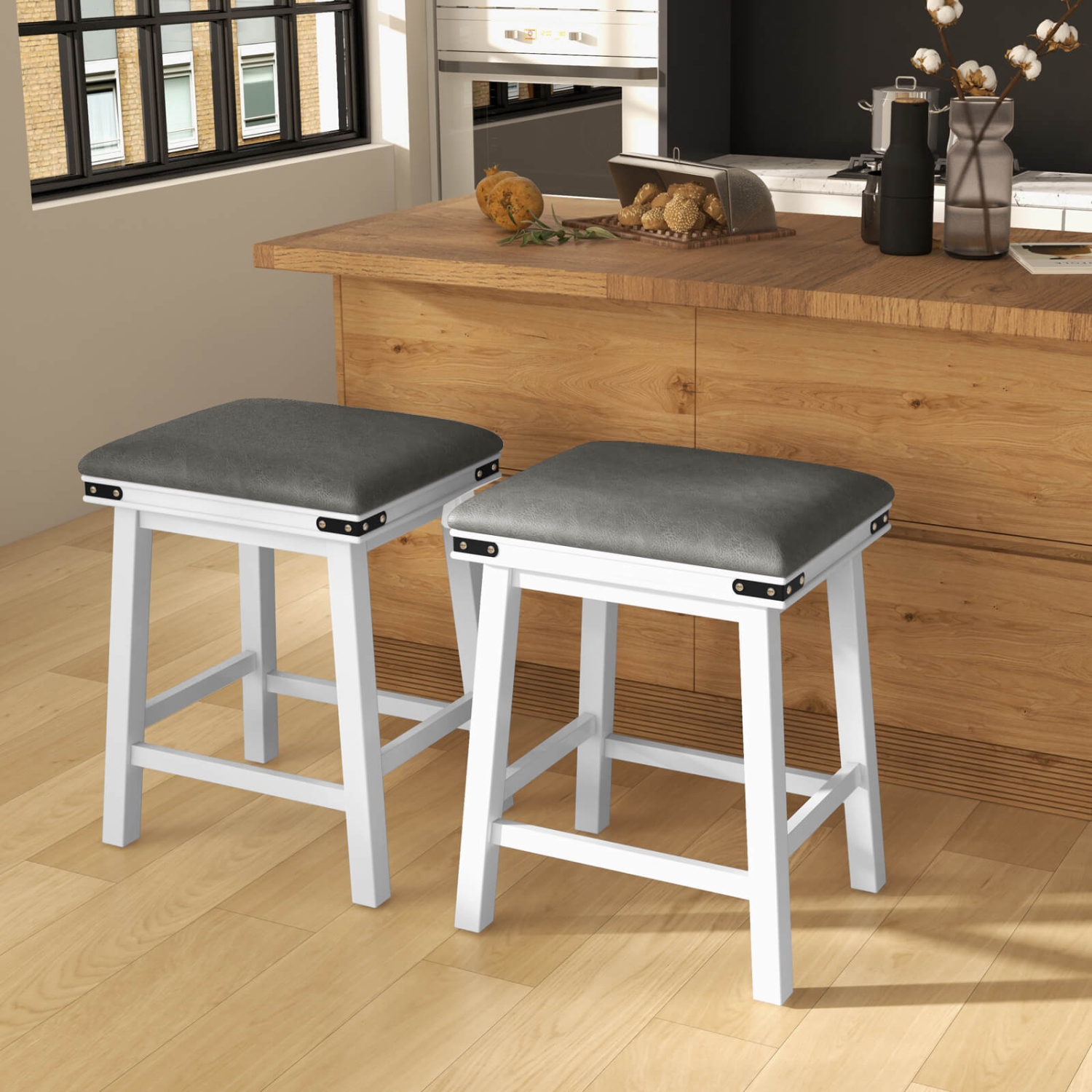 Costway 24" Dining Bar Stool Set of 2 Counter Height Padded Seat Wood Frame Kitchen