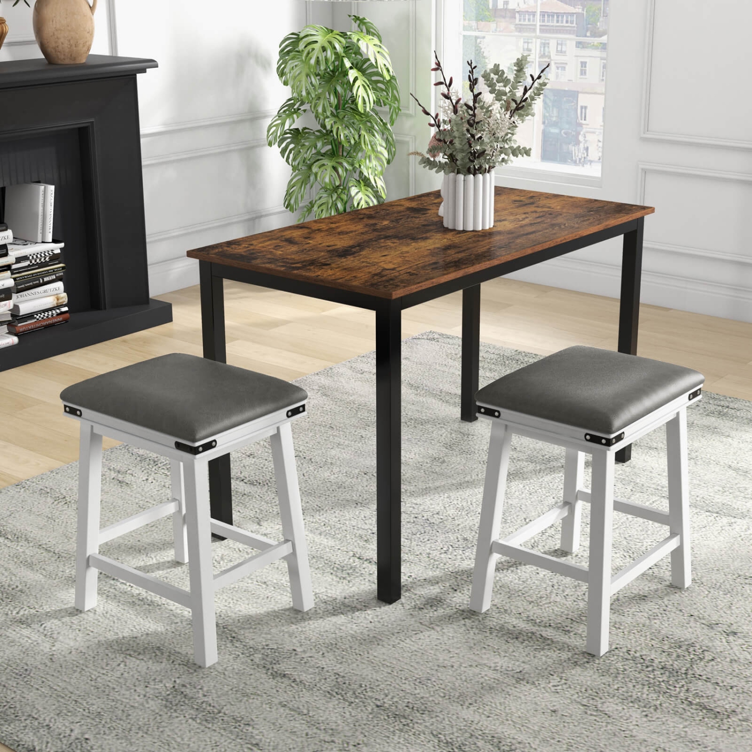 Costway 24" Dining Bar Stool Set of 2 Counter Height Padded Seat Wood Frame Kitchen