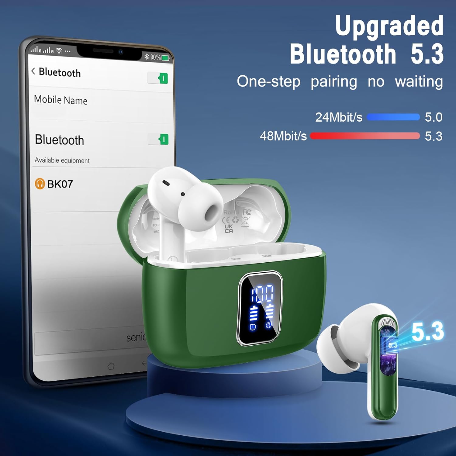 Wireless Earbuds, Bluetooth Ear Buds 5.3 Mini HiFi Stereo with 4 ENC Noise Cancelling Mics, IP7 Waterproof in Ear Earphones, for Sports Bluetooth