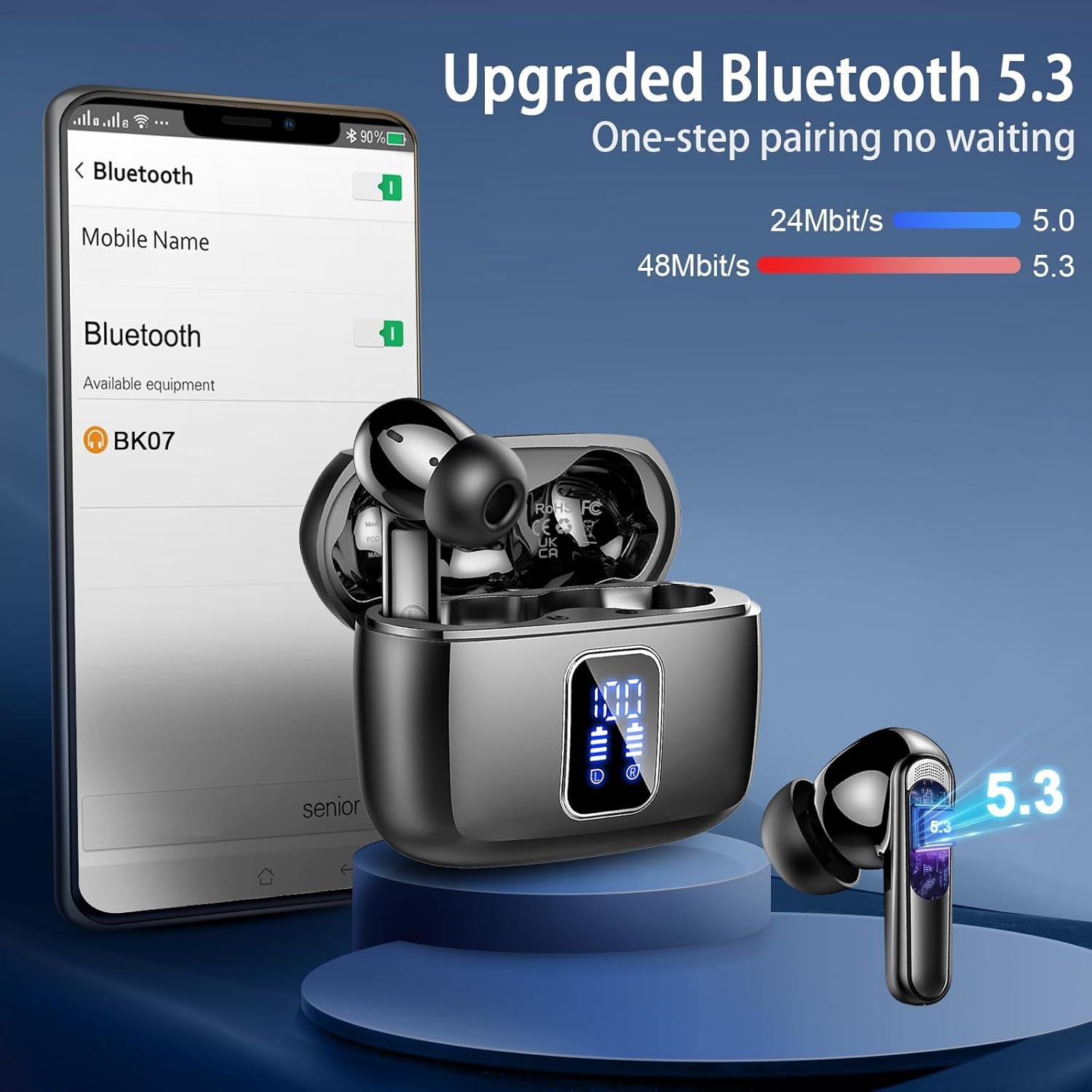 Wireless Earbuds, Bluetooth Ear Buds 5.3 Mini HiFi Stereo with 4 ENC Noise Cancelling Mics, IP7 Waterproof in Ear Earphones, for Sports Bluetooth