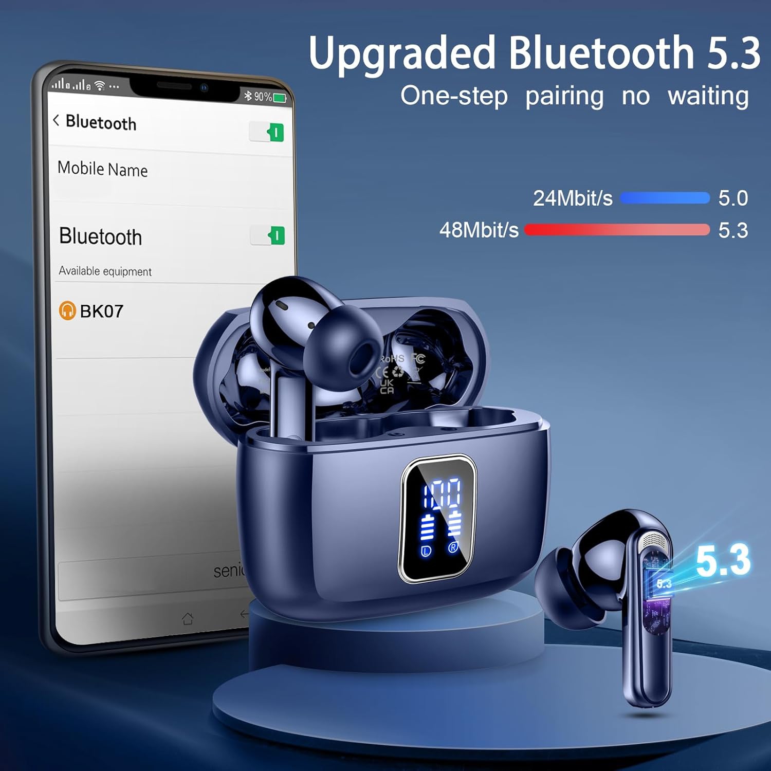 Wireless Earbuds, Bluetooth Ear Buds 5.3 Mini HiFi Stereo with 4 ENC Noise Cancelling Mics, IP7 Waterproof in Ear Earphones, for Sports Bluetooth