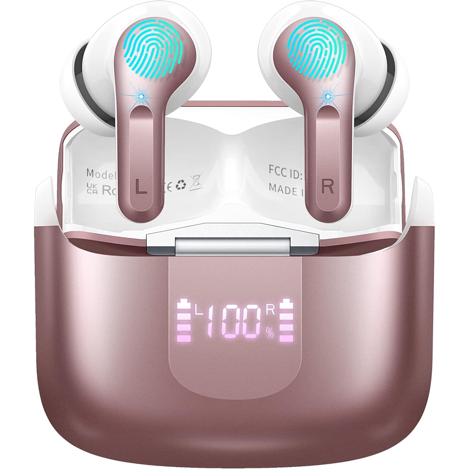 Wireless Earbuds, Bluetooth Headphones 5.3 HiFi Stereo Bluetooth Earbuds, LED Display 40H Ear Buds IP7 Waterproof in-Ear for Android iOS, Rose Gold