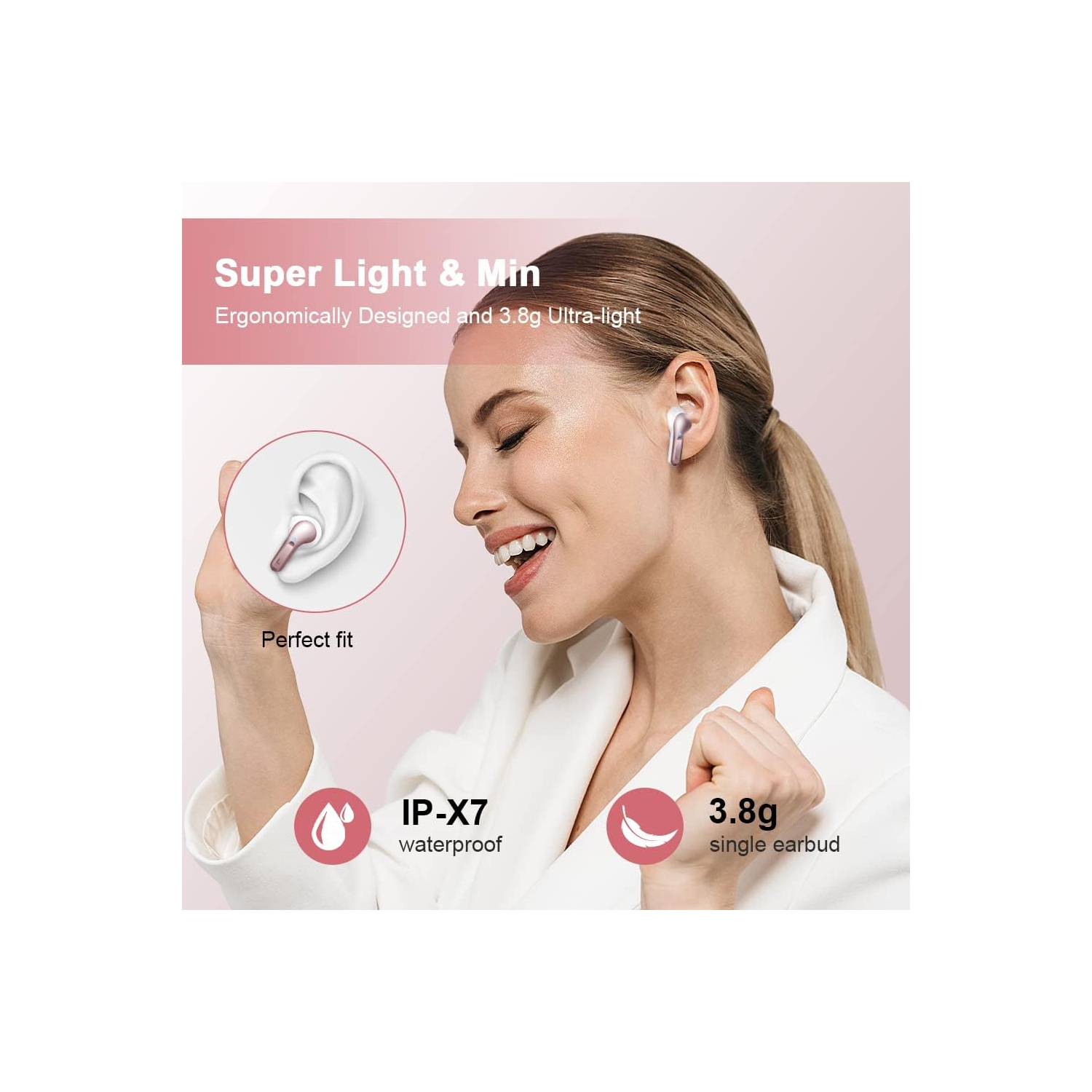 Wireless Earbuds, Bluetooth Headphones 5.3 HiFi Stereo Bluetooth Earbuds, LED Display 40H Ear Buds IP7 Waterproof in-Ear for Android iOS, Rose Gold