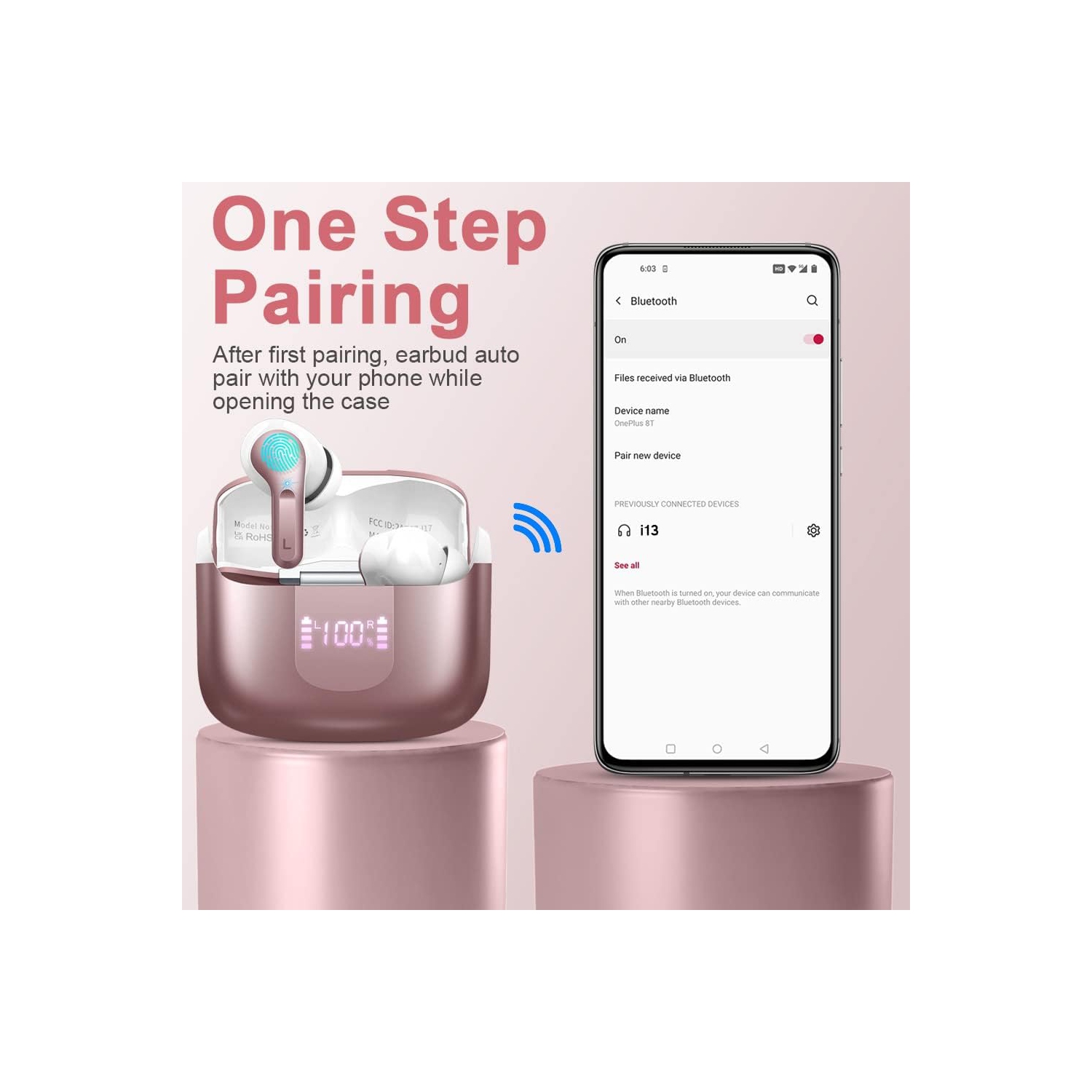 Wireless Earbuds, Bluetooth Headphones 5.3 HiFi Stereo Bluetooth Earbuds, LED Display 40H Ear Buds IP7 Waterproof in-Ear for Android iOS, Rose Gold