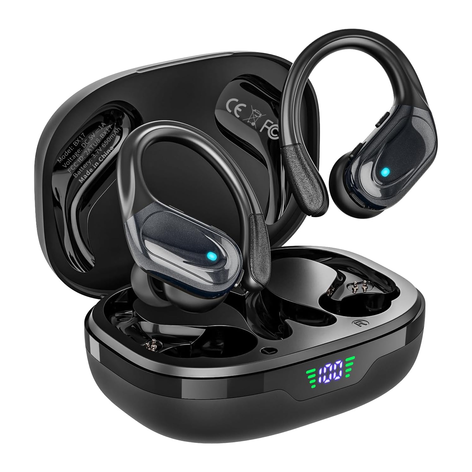 Wireless Earbuds Bluetooth Headphones 80hrs Playback Ear Buds Power Display with Noise Canceling Mic with Earhooks for Sports/Running, Black