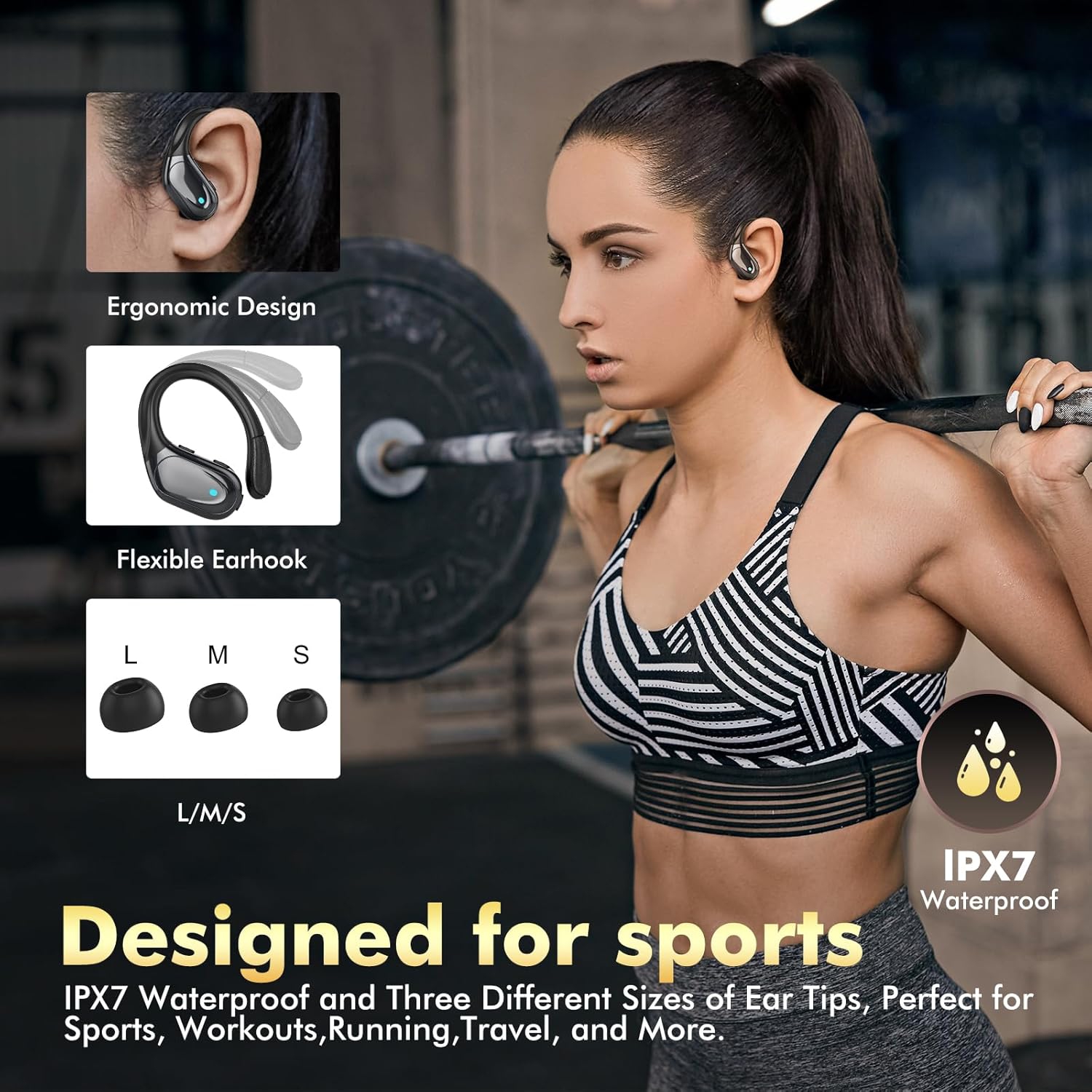 Wireless Earbuds Bluetooth Headphones 80hrs Playback Ear Buds Power Display with Noise Canceling Mic with Earhooks for Sports/Running, Black
