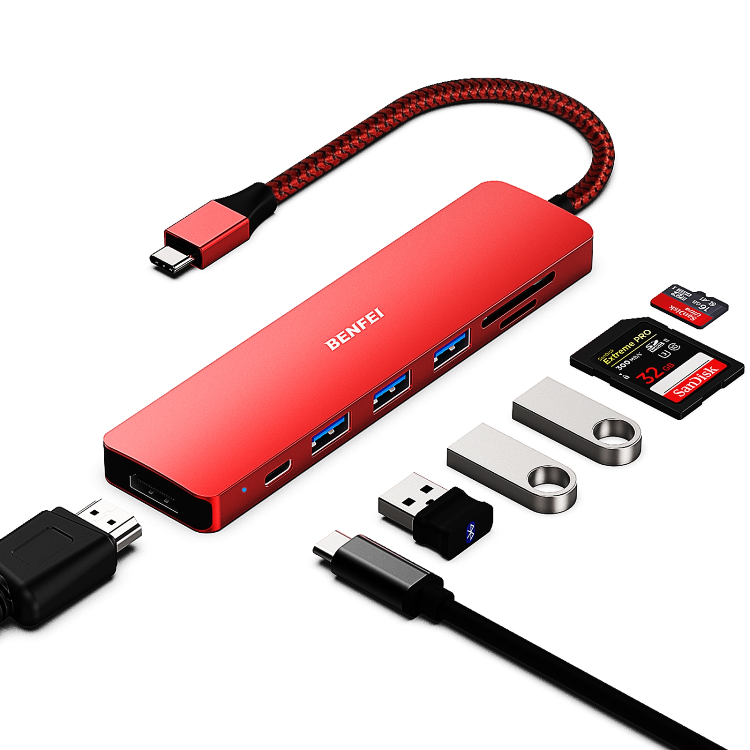 BENFEI USB C HUB 7in1 with USB-C to HDMI, USB-C to SD/TF Card Reader/3*USB 3.0/60W Power Delivery, Compatible with iPhone 15 Pro/Max, MacBook, iPad