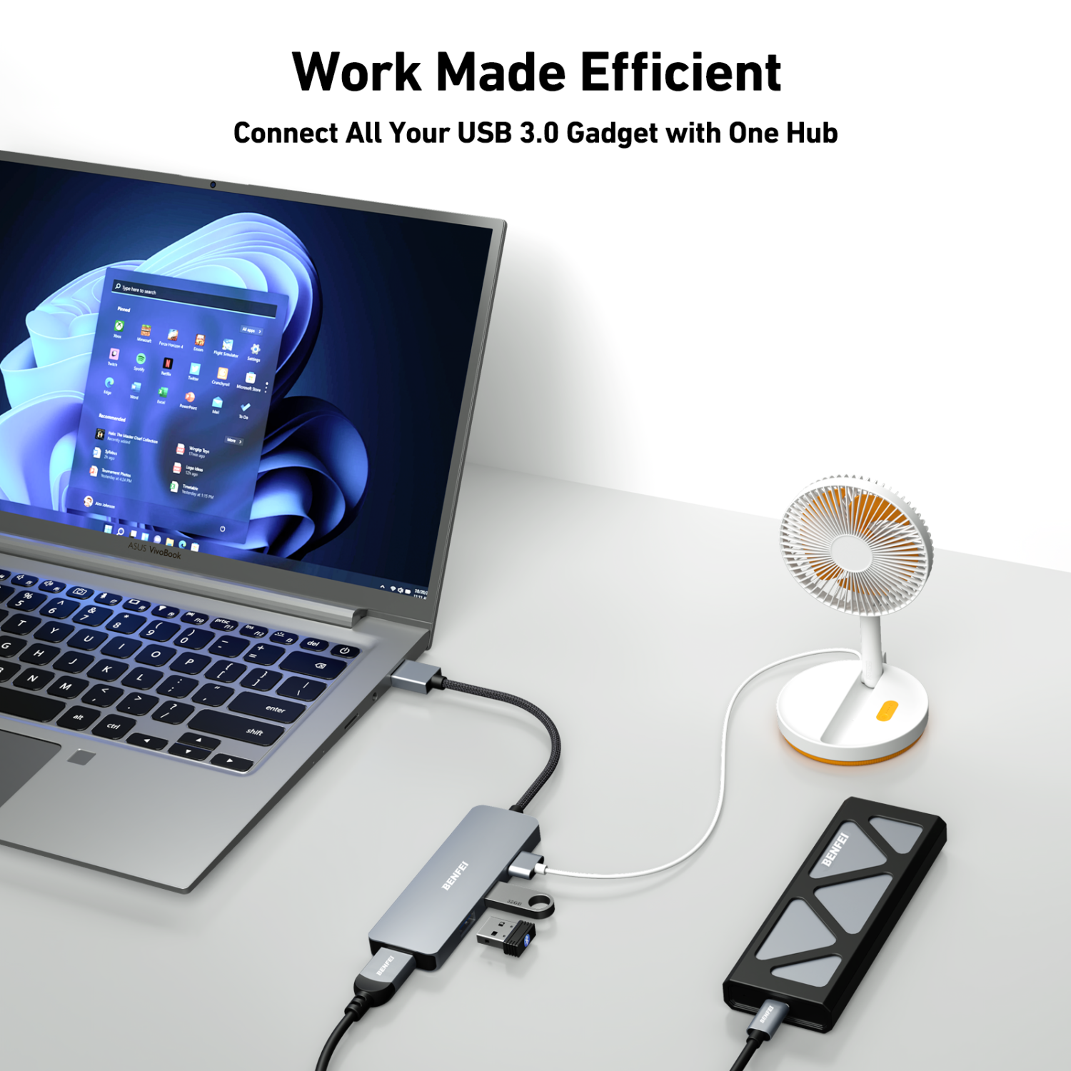 BENFEI USB 3.0 Hub, 4 Ports USB A Splitter Ultra-Slim USB Expander for Mouse, Keyboard, Flash Drive, U Disk, Printer Compatible with Laptop, Desktop