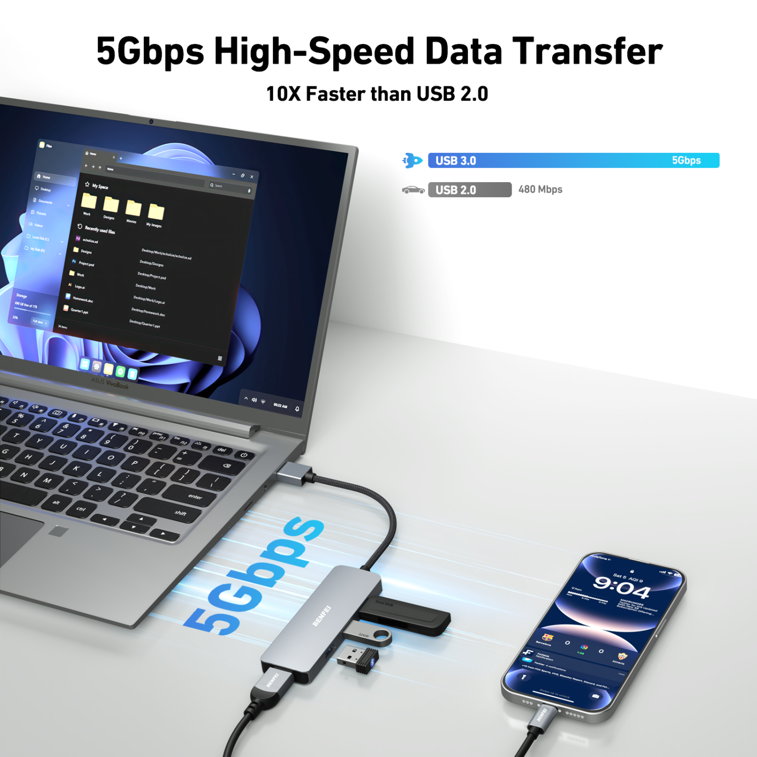 BENFEI USB 3.0 Hub, 4 Ports USB A Splitter Ultra-Slim USB Expander for Mouse, Keyboard, Flash Drive, U Disk, Printer Compatible with Laptop, Desktop