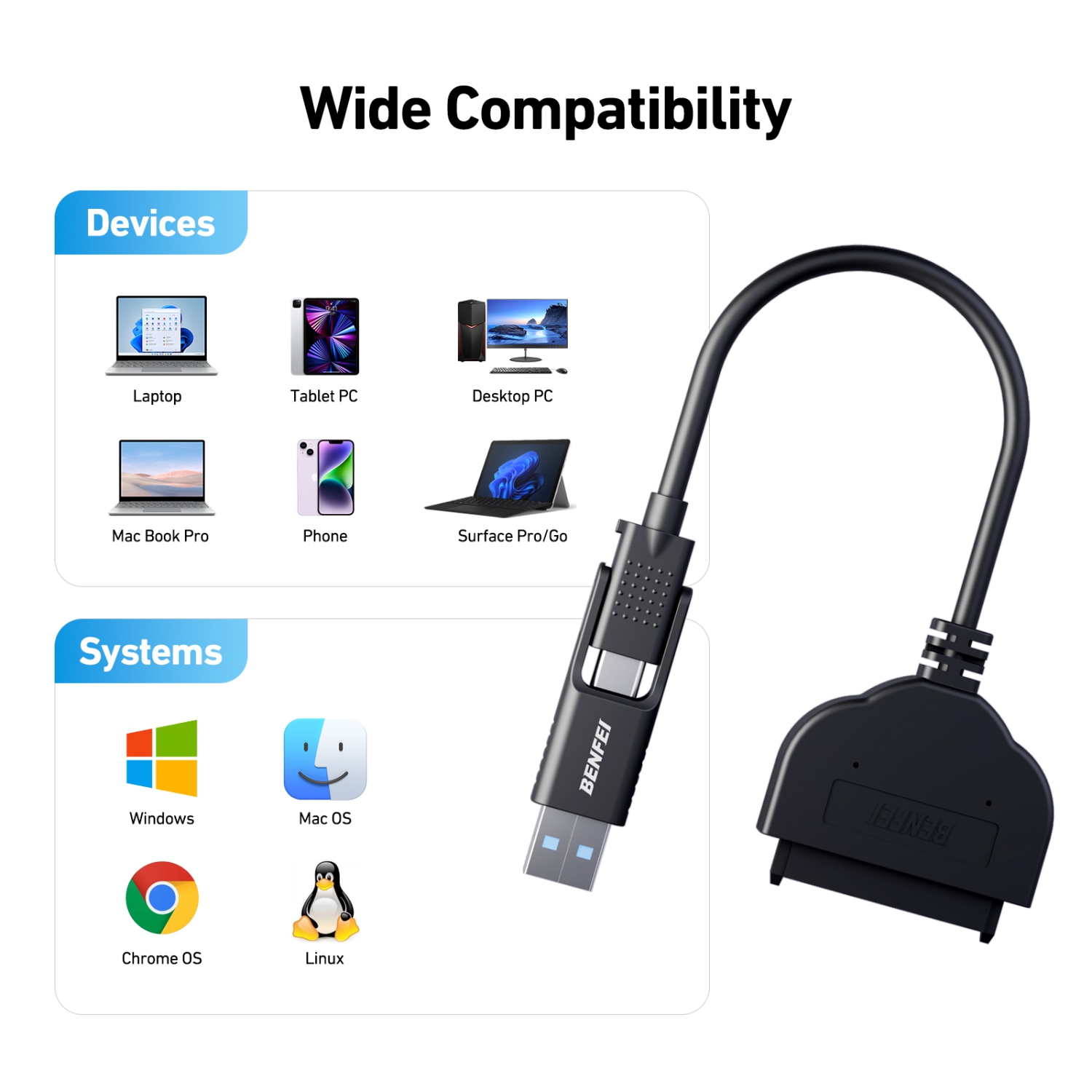 BENFEI SATA to USB Cable, USB-C/USB 3.0 to SATA III for 2.5 inch HDD/SSD
