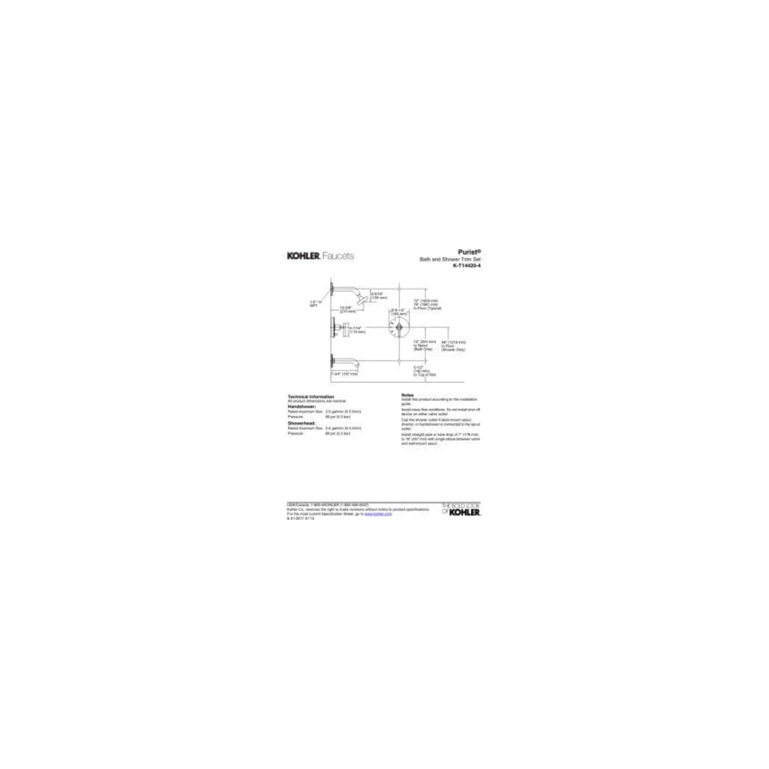 KOHLER K-T14420-4-CP Garniture de robinet de bain/douche à équilibrage pression Rite-Temp Purist, chrome poli - Boîte ouverte
