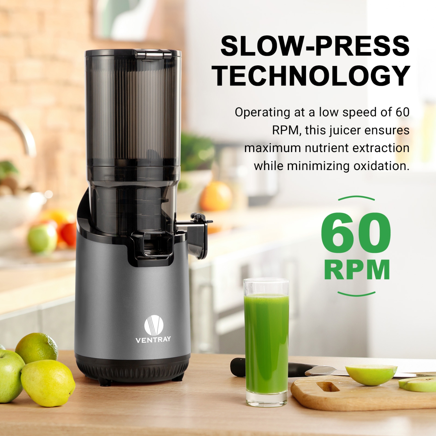 Ventray – Centrifugeuse à extraction lente à froid avec très grande goulotte d'alimentation de 5,1&nbsp;po, rendement élevé de jus avec 1 vis sans