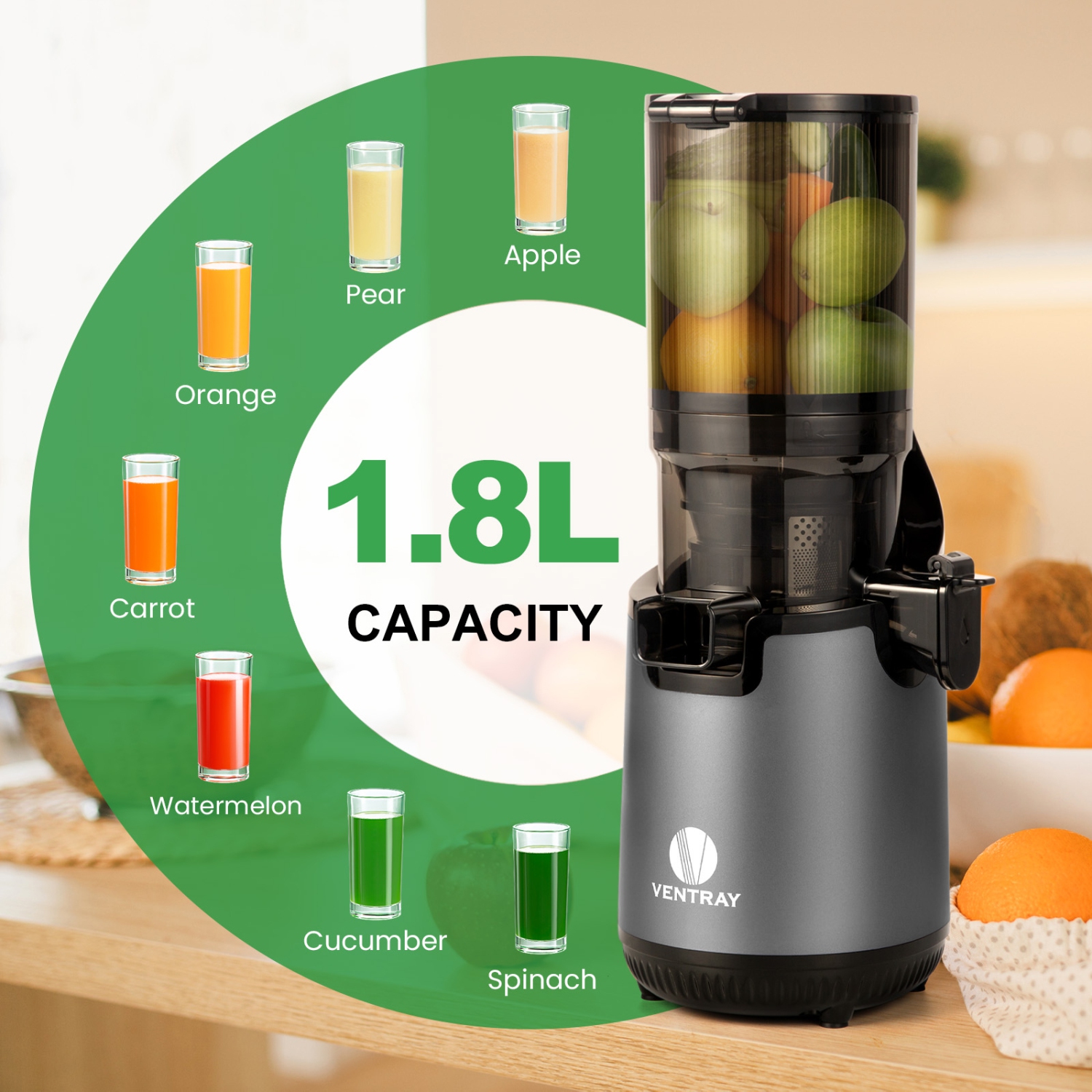 Ventray – Centrifugeuse à extraction lente à froid avec très grande goulotte d'alimentation de 5,1&nbsp;po, rendement élevé de jus avec 1 vis sans