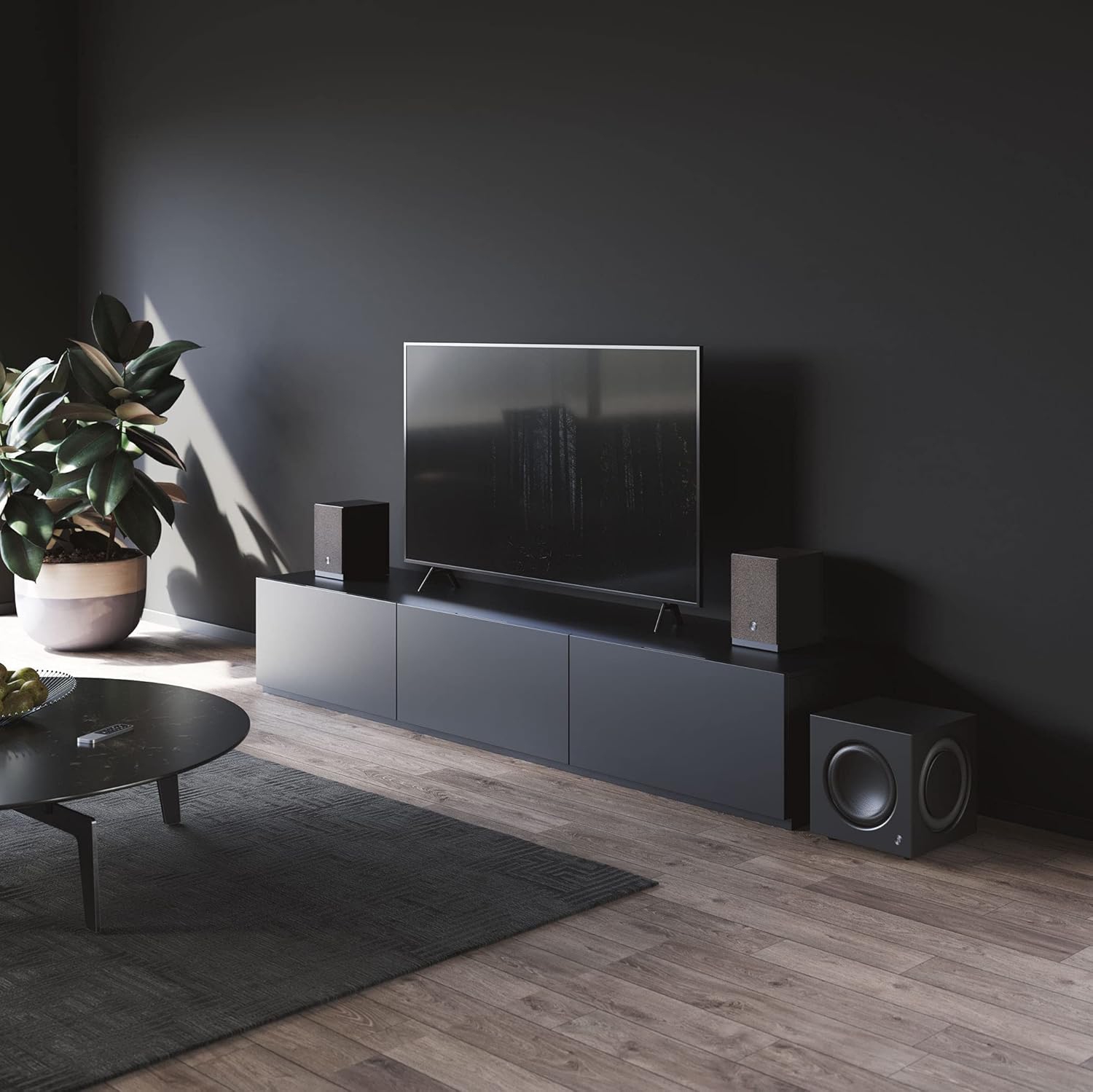 Haut-parleur d'extrêmes graves amplifié SW-10 avec haut-parleur graves à longue portée de 8 po et 2 radiateurs passifs de 9 po (Noir)