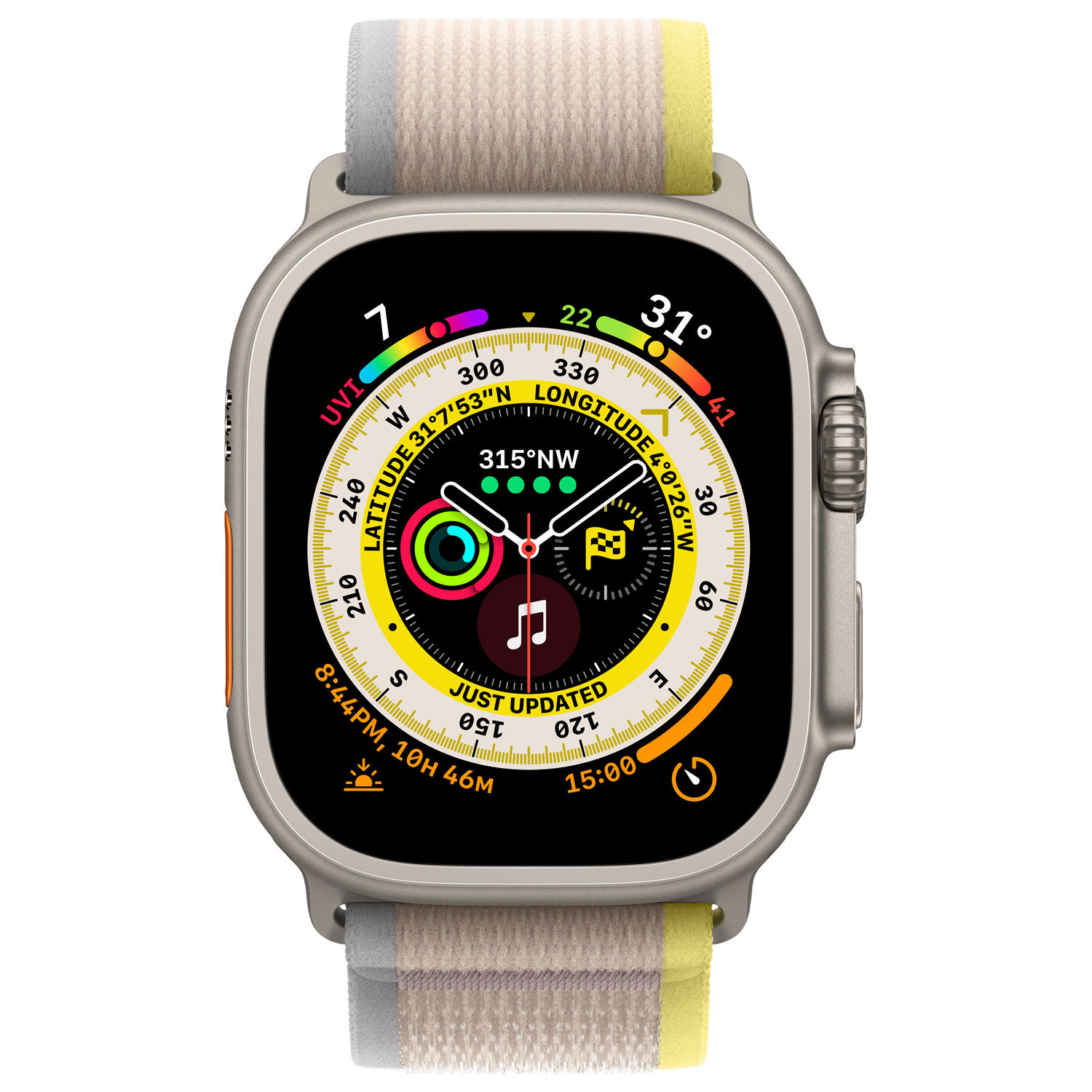Apple Watch Ultra avec boîtier de 49 mm en titane et bracelet Sentier jaune/beige par Koodo - Petit/Moyen - Paiement Balance mensuel