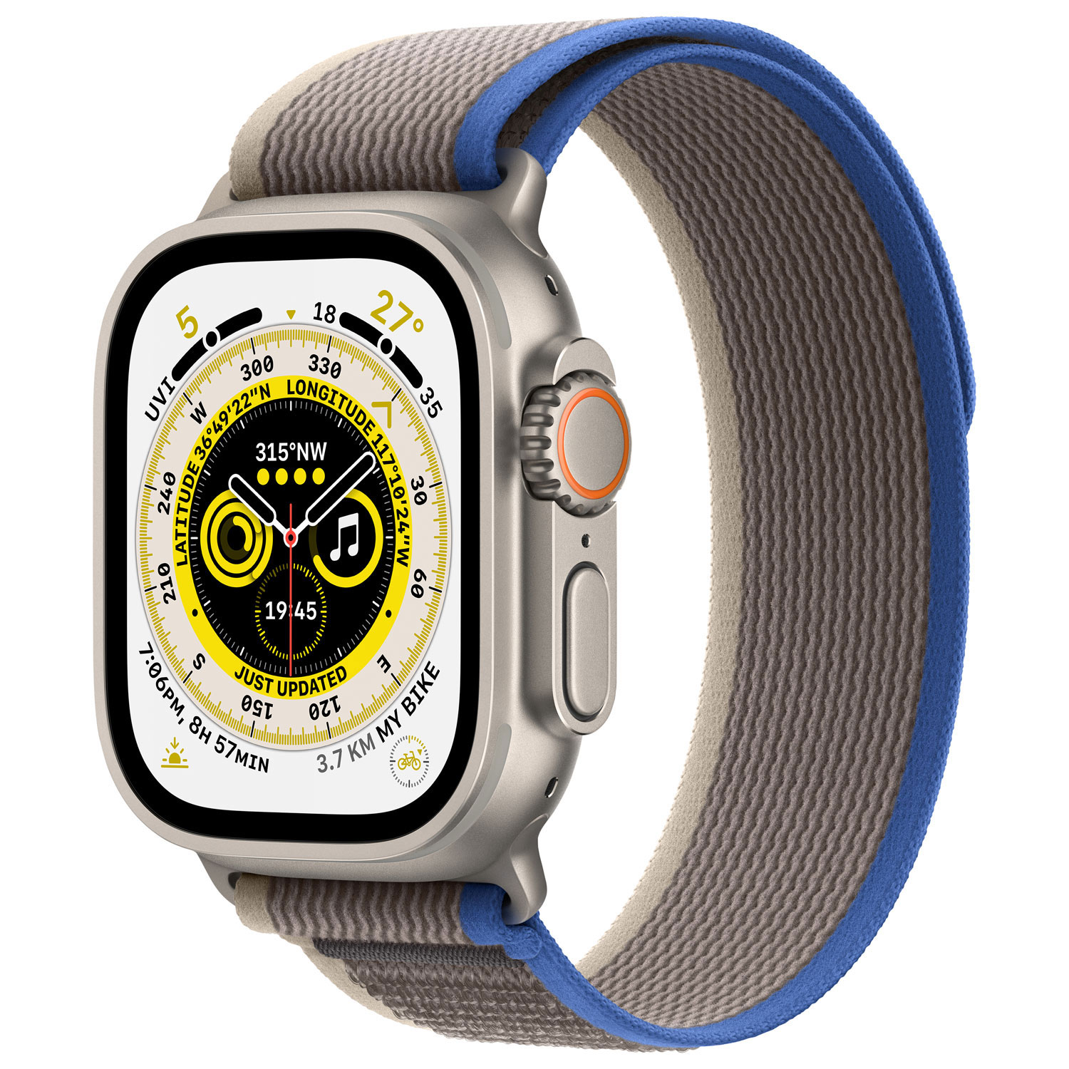 Apple Watch Ultra avec boîtier de 49 mm en titane et bracelet à rabat Sentier bleu/gris par Koodo - Moyen/Grand - Paiement Balance mensuel