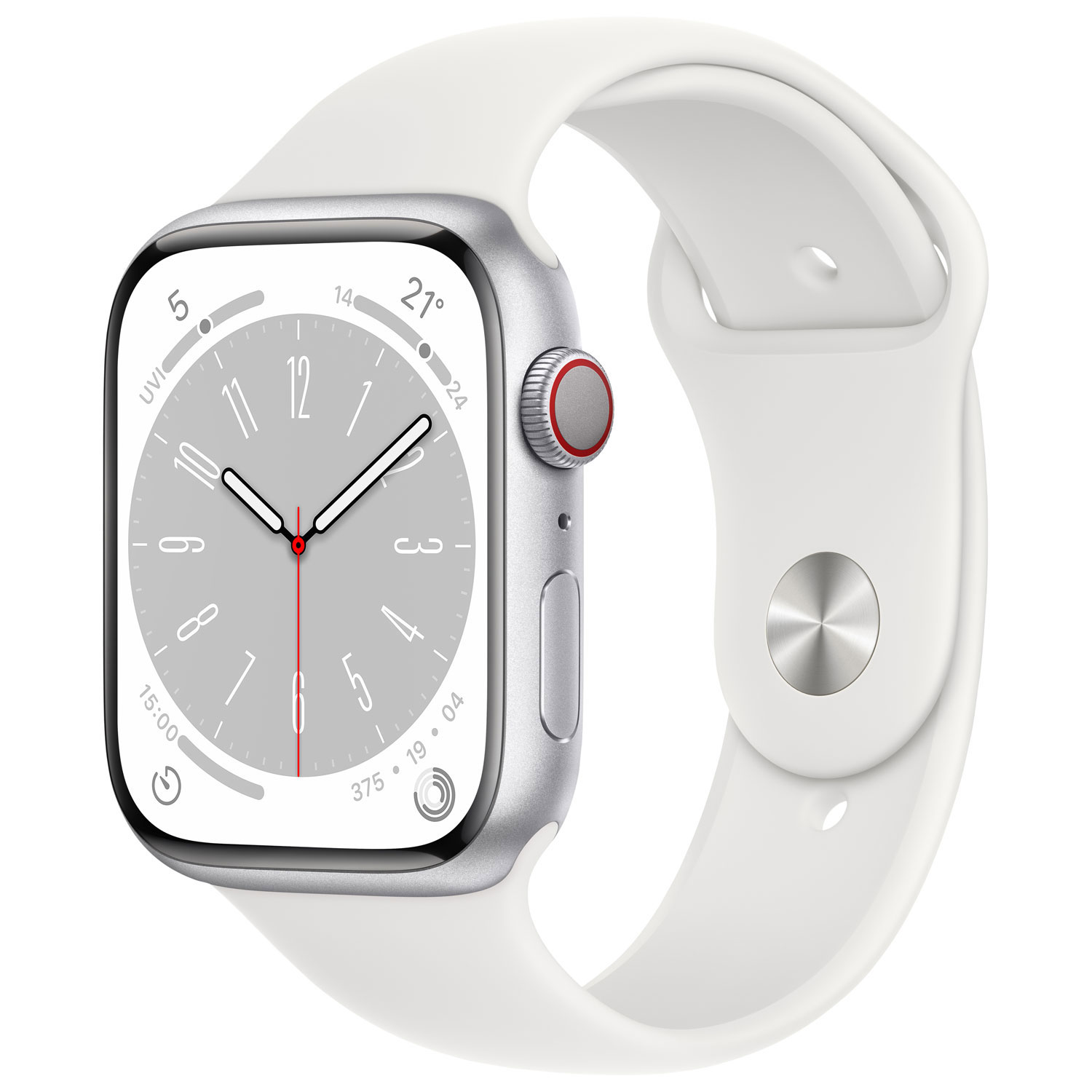 Apple Watch Series 8 avec boîtier de 45 mm en aluminium argenté et bracelet sport blanc par Koodo - Moyen/Grand - Paiement Balance mensuel