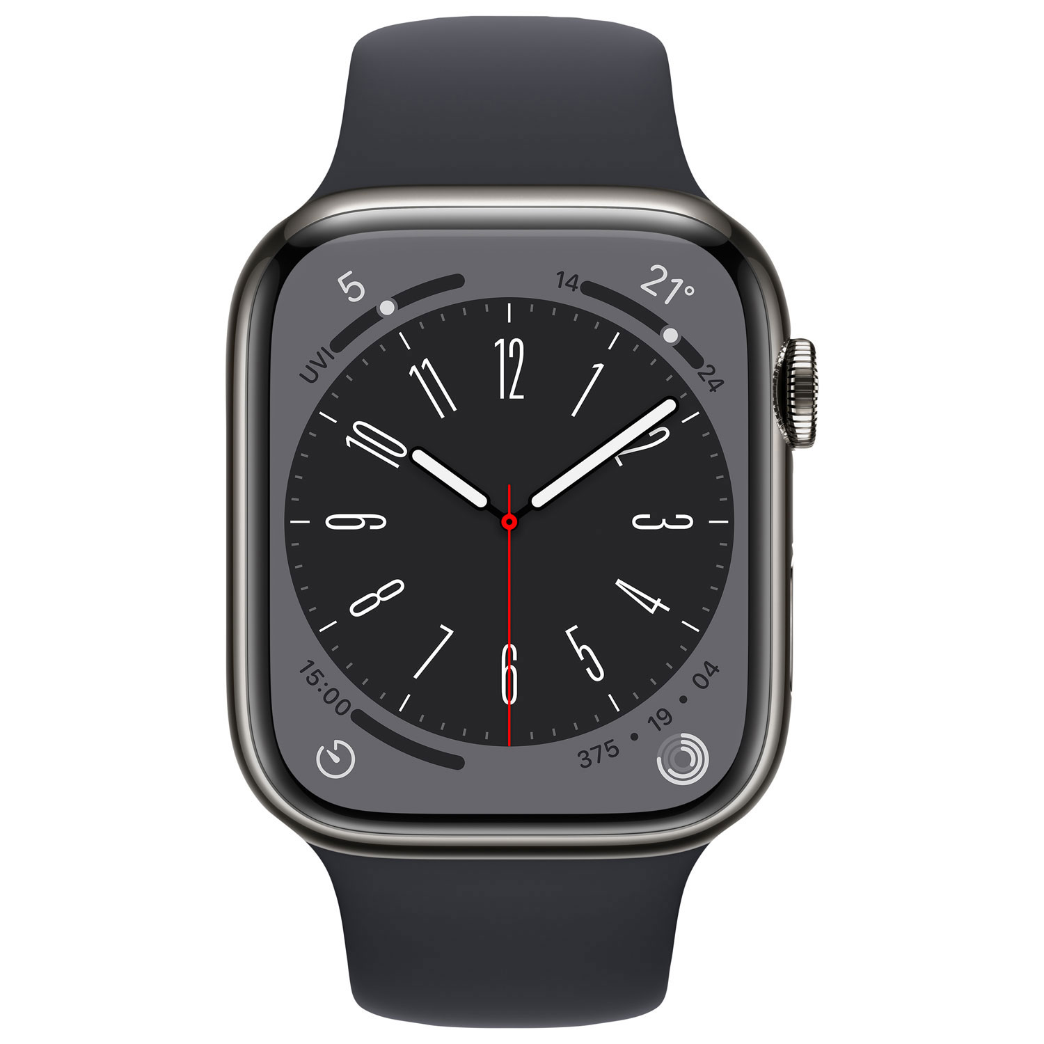 Apple Watch Series 8 avec boîtier de 45 mm en acier inoxydable graphite et bracelet sport minuit par Koodo - Moyen/Grand - Paiement Balance mensuel