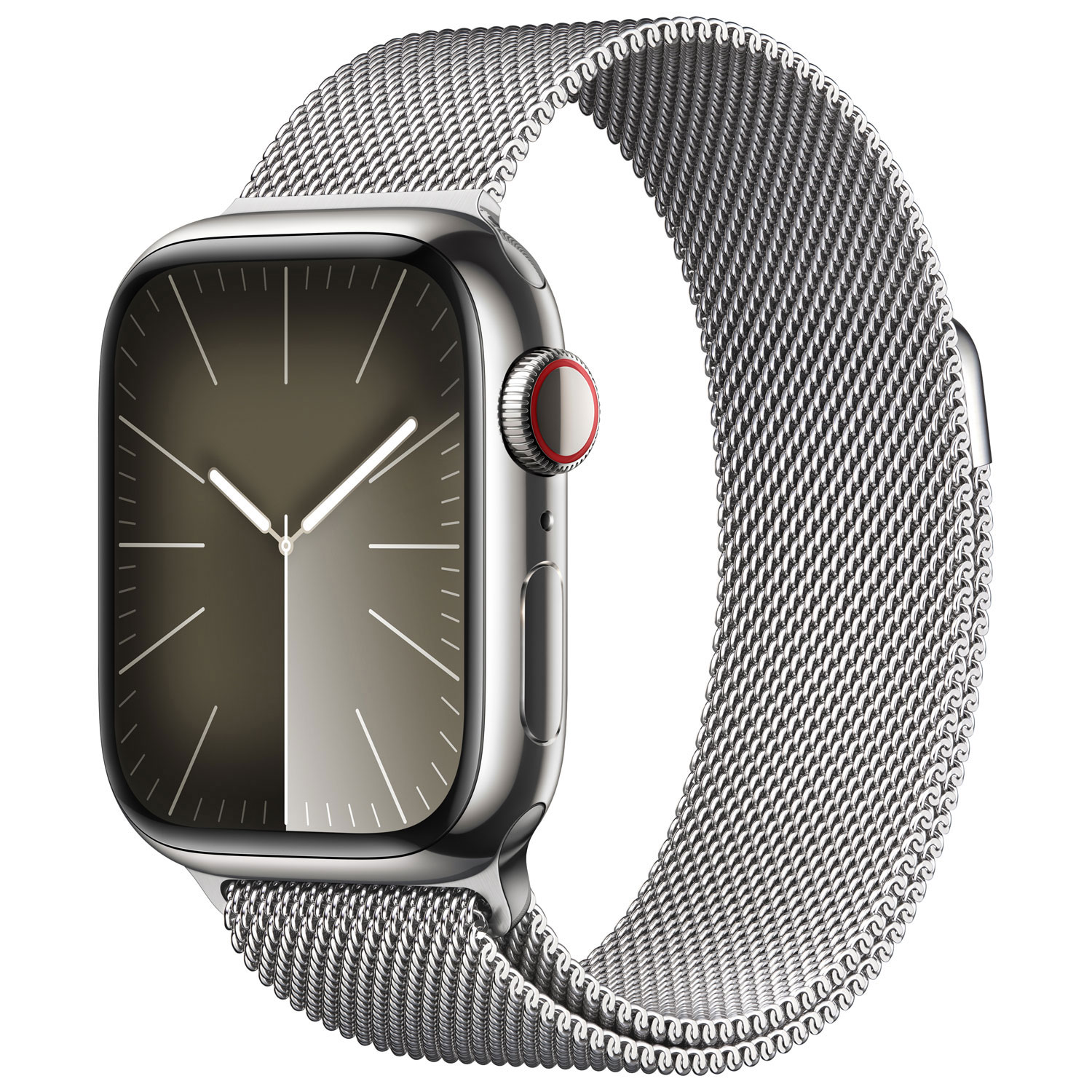 Apple Watch Series 9 de 41 mm avec boîtier en acier inoxydable argenté et bracelet milanais en acier inoxydable argenté par Koodo - Petit - Paiement