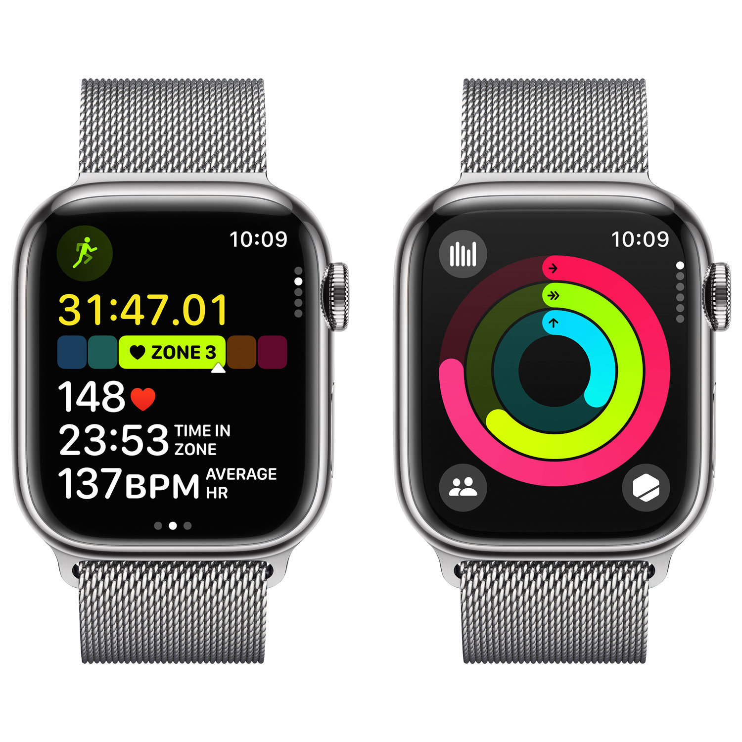 Apple Watch Series 9 de 41 mm avec boîtier en acier inoxydable argenté et bracelet milanais en acier inoxydable argenté par Koodo - Petit - Paiement