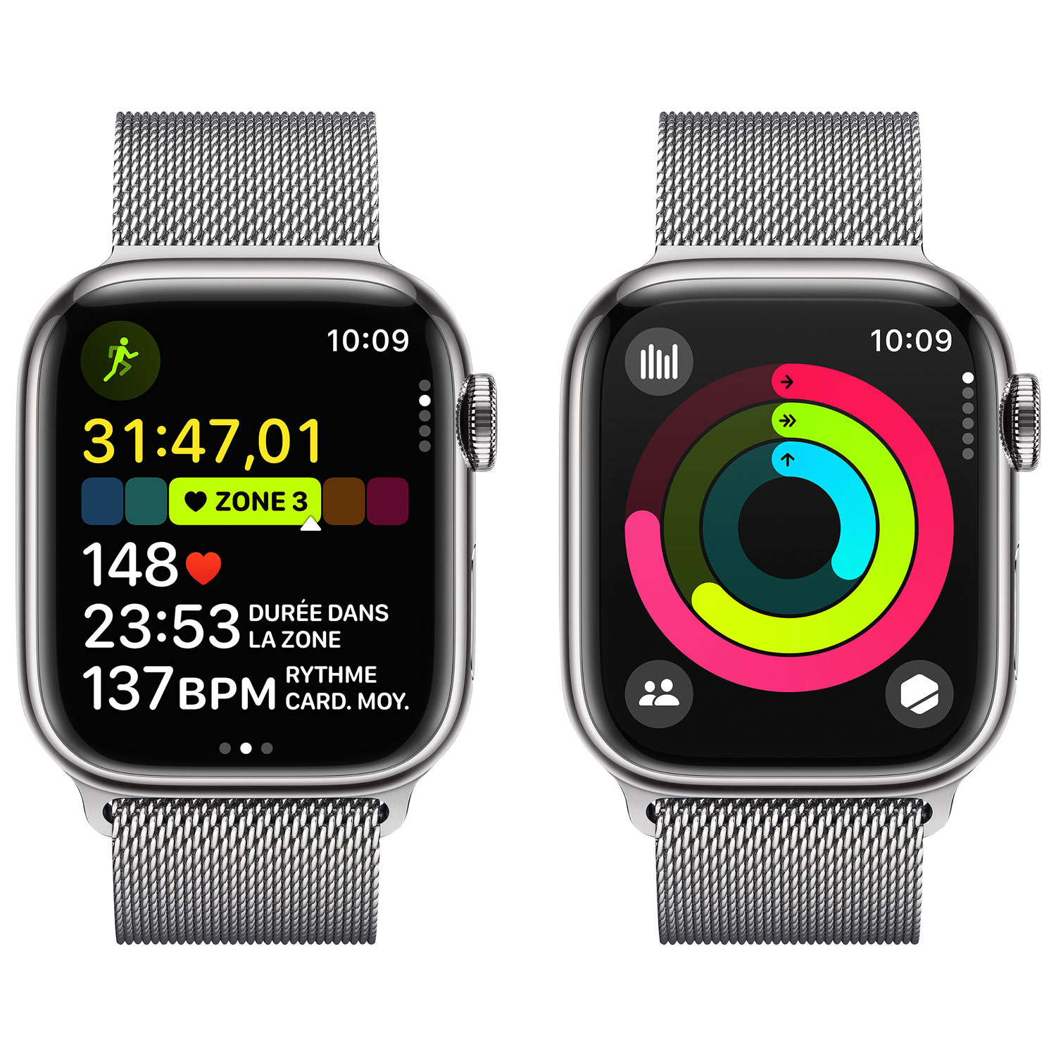 Apple Watch Series 9 de 41 mm avec boîtier en acier inoxydable argenté et bracelet milanais en acier inoxydable argenté par Koodo - Petit - Paiement