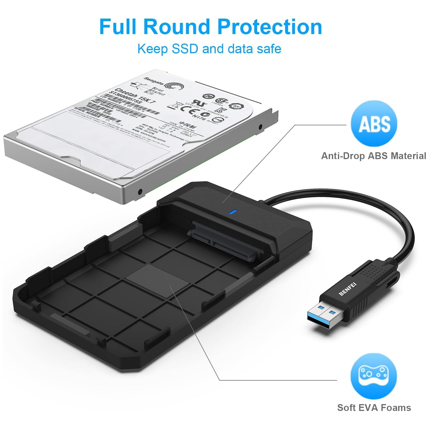 BENFEI – Boîtier SATA vers USB de 2,5&nbsp;po, sans outil, pour SSD/HDD, prise en charge UASP, SATA III