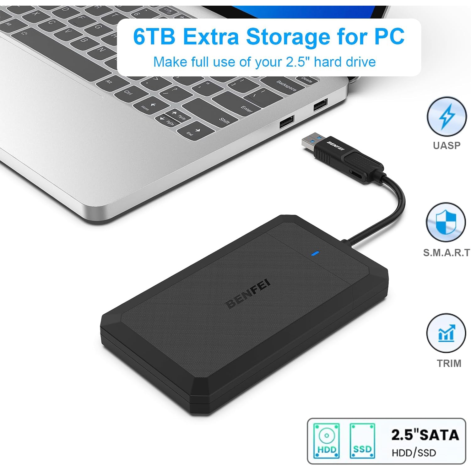 BENFEI – Boîtier SATA vers USB de 2,5&nbsp;po, sans outil, pour SSD/HDD, prise en charge UASP, SATA III
