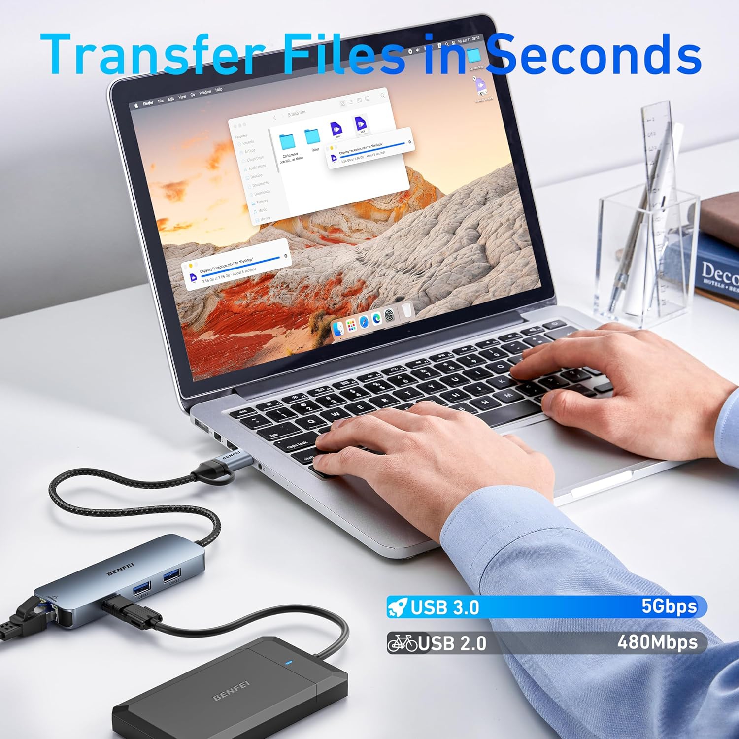 Adaptateur USB-C USB 3,0 à Ethernet Gigabit de BENFEI, concentrateur USB 3,0 à 3 ports avec RJ45 compatible avec MacBook Pro/Air 2023, iPad Pro,