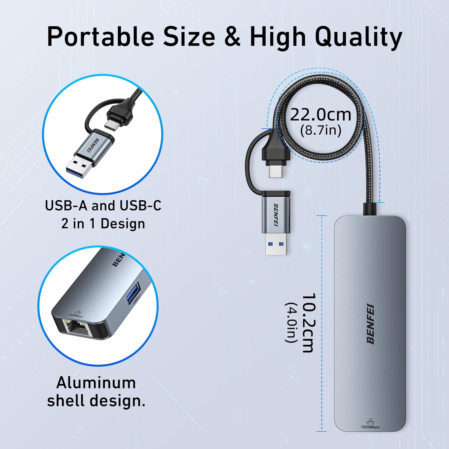 Adaptateur USB-C USB 3,0 à Ethernet Gigabit de BENFEI, concentrateur USB 3,0 à 3 ports avec RJ45 compatible avec MacBook Pro/Air 2023, iPad Pro,