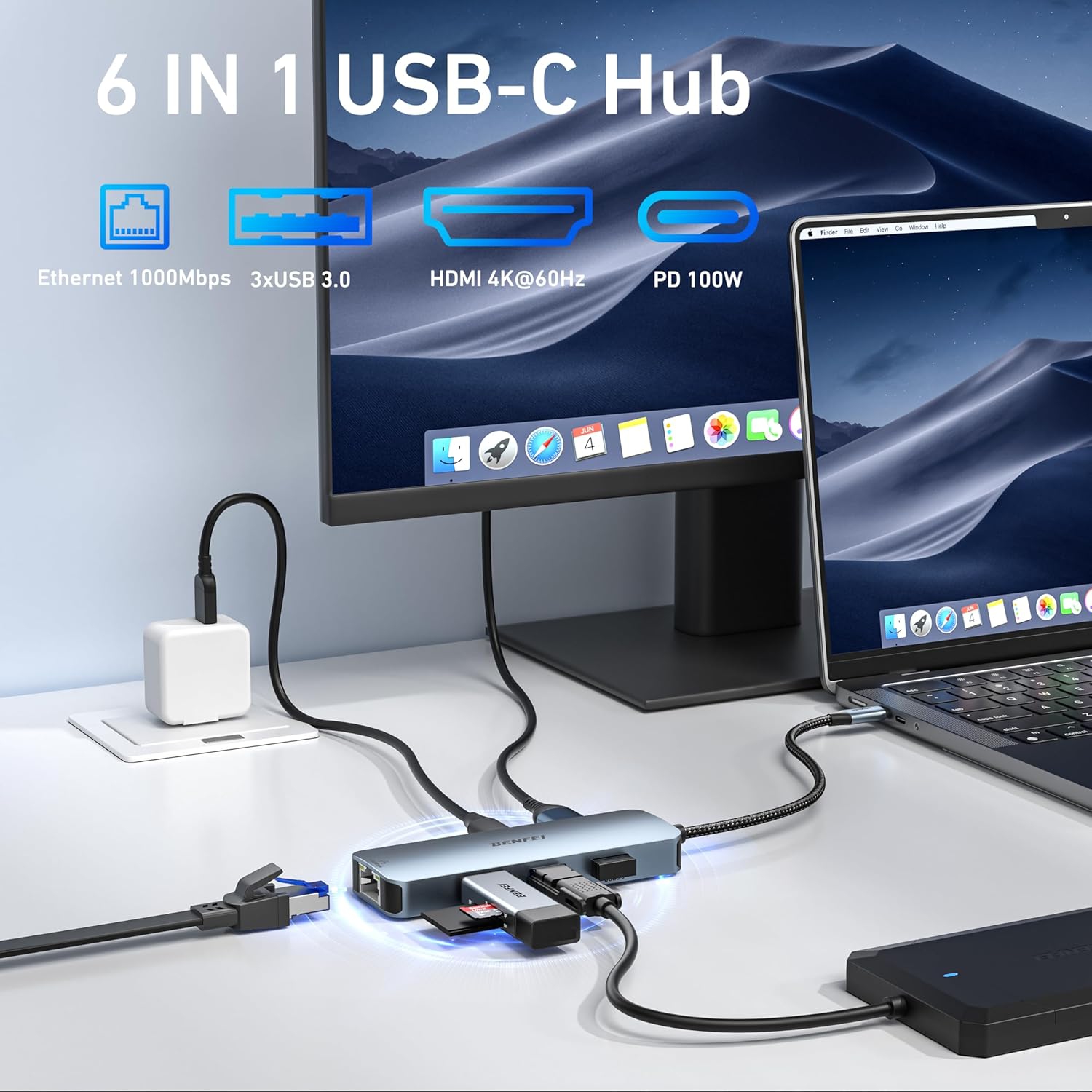 Concentrateur USB-C 6-en-1 BENFEI avec HDMI, Ethernet Gigabit, 100 W Power Delivery, 3 * USB 3,0 Compatible avec iPhone 15 Pro/Max, MacBook,