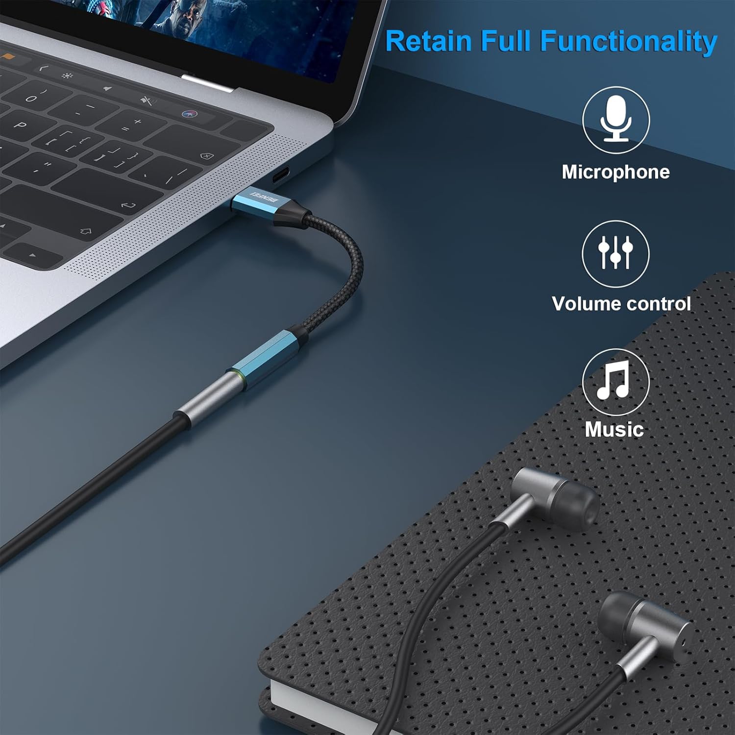 BENFEI USB-C to 3.5mm Adapter, with DAC, for iPhone 15, Samsung Galaxy, iPad Pro, Pixel, Blue