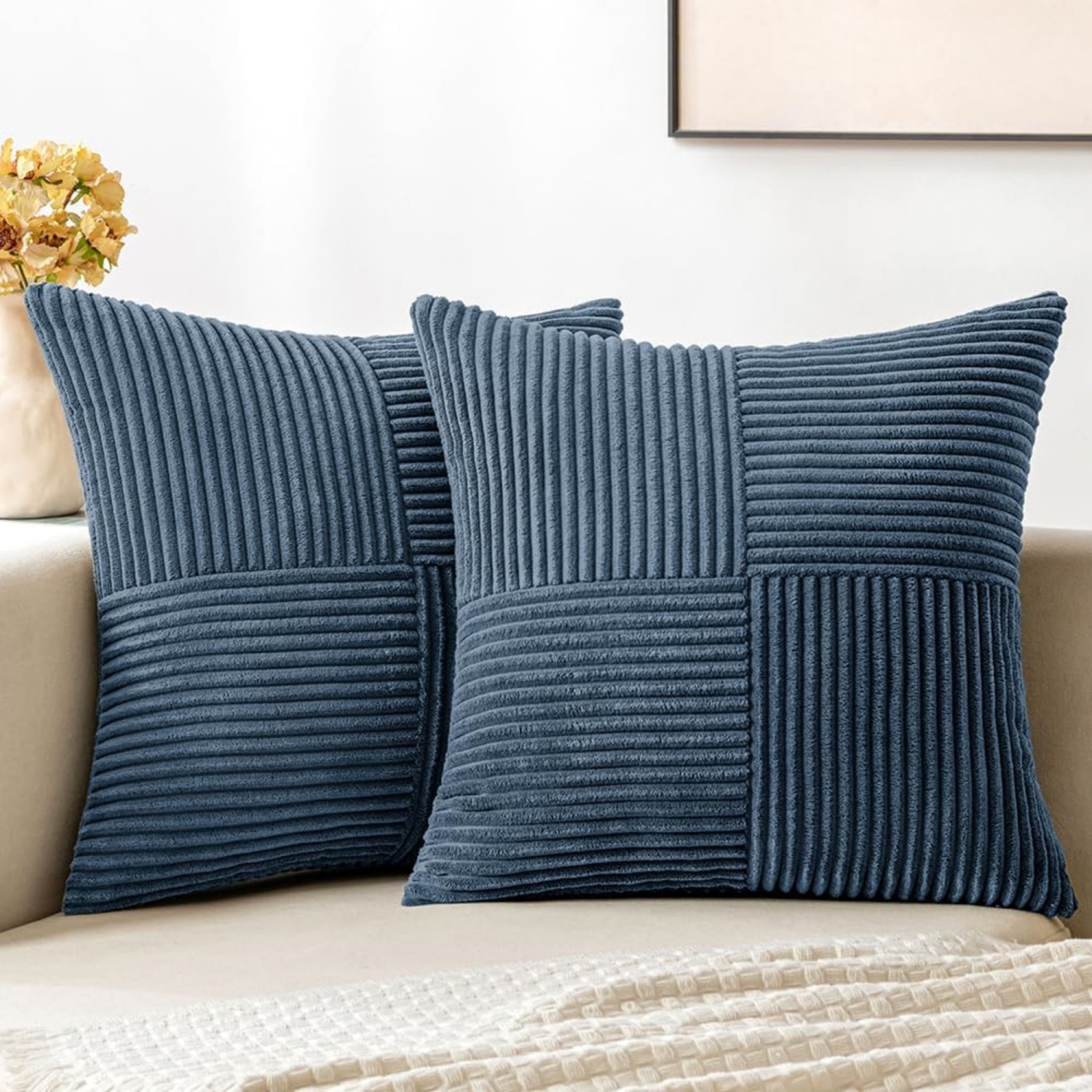 Blue Corduroy Couvertures d'oreillers 2 Boho Décoratif Spliced Soft Solid Couch Oreiller cases Cross Patchwork Coussin texturé Couvre pour salon lit Canapé 20x20 de pouce