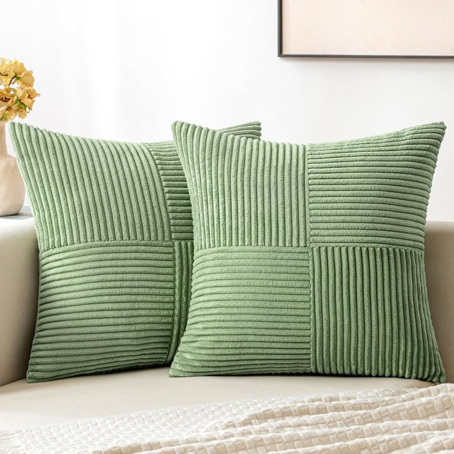 Couvertures d'oreillers en Corduroy Vert Sauge 2 Boho Décoratif Spliced Soft Solid Couch Oreiller cases Cross Patchwork Coussin texturé Couvre pour salon lit Canapé 16x16 de pouce