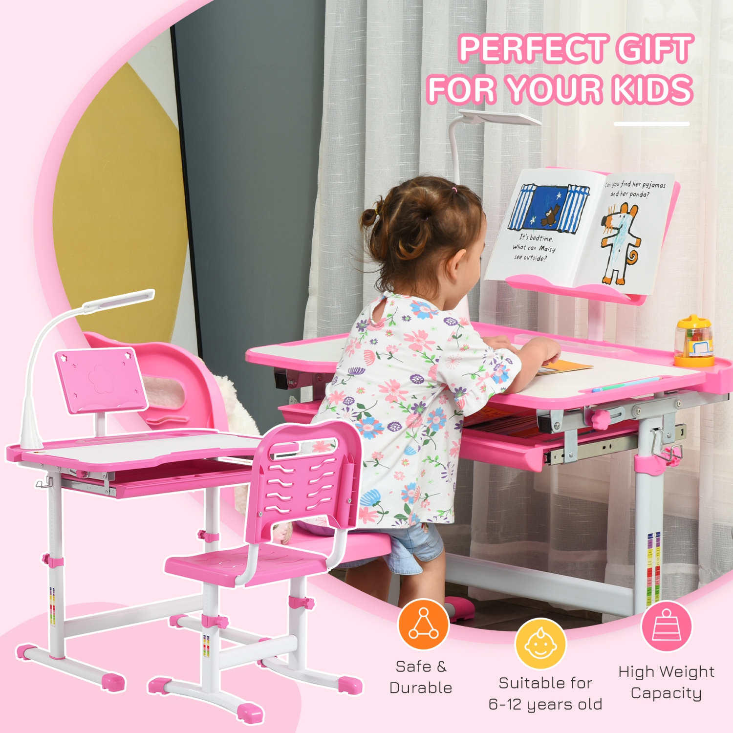 Qaba Kids Desk and Chair Set Height Adjustable Student Writing Desk Children School Study Table with Tilt Desktop, LED Lamp, Pen Box, Drawer, Reading