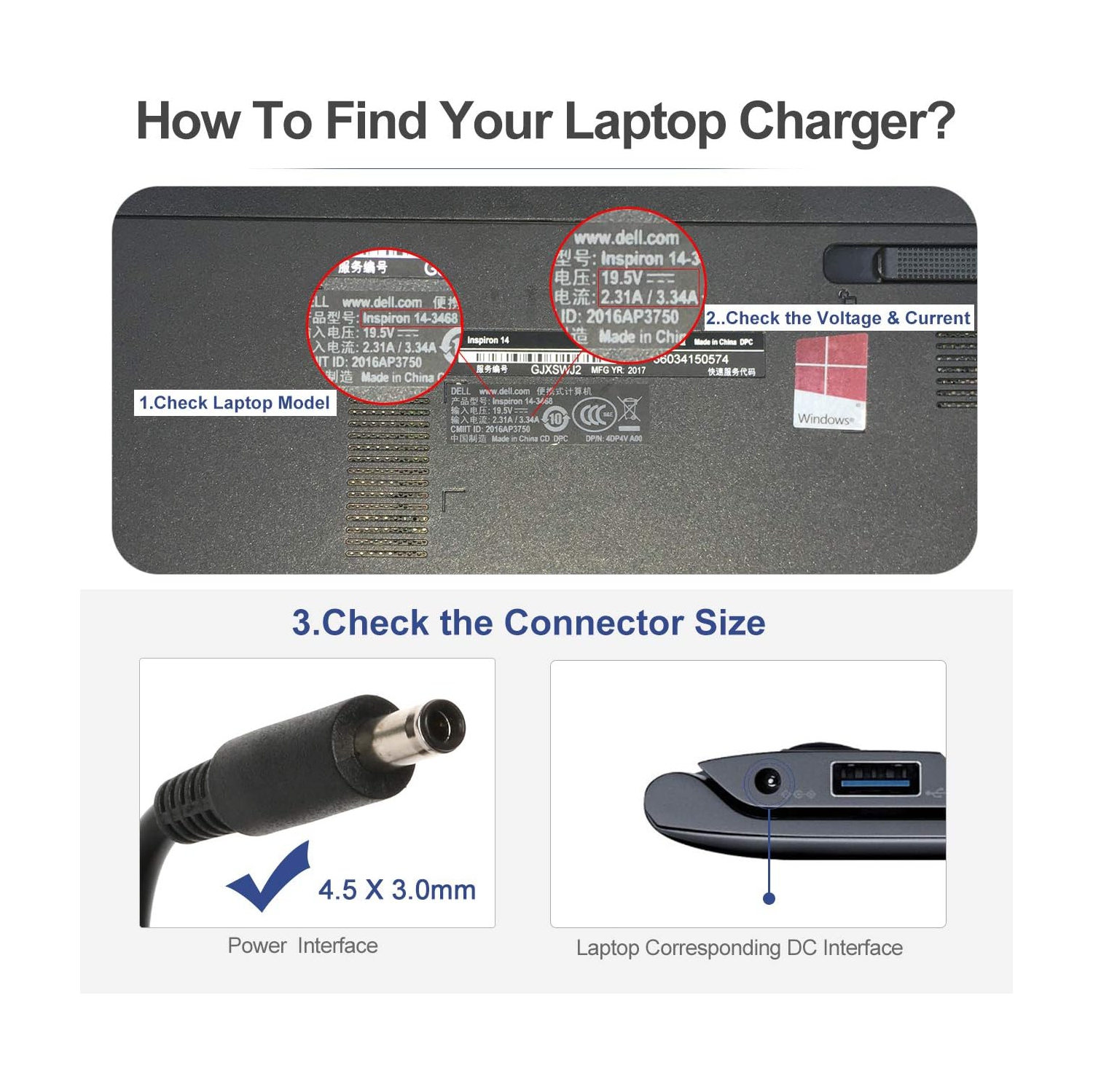 45W 19.5V 2.31A AC adapter laptop charger for Dell Inspiron 15 7000 5000 3000 5551 5555 5558 7558 Series Inspiron 14 15-3552 7348 Series Dell XPS 11