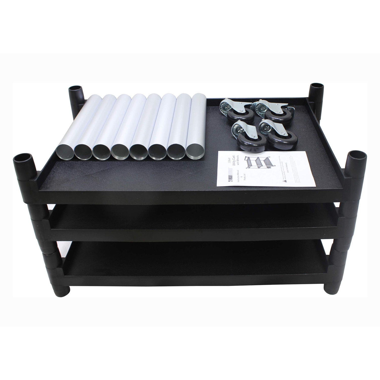 MaxWorks – Chariot utilitaire en plastique à 80774 3 tablettes avec roulettes, capacité maximale de 225 lb, noir