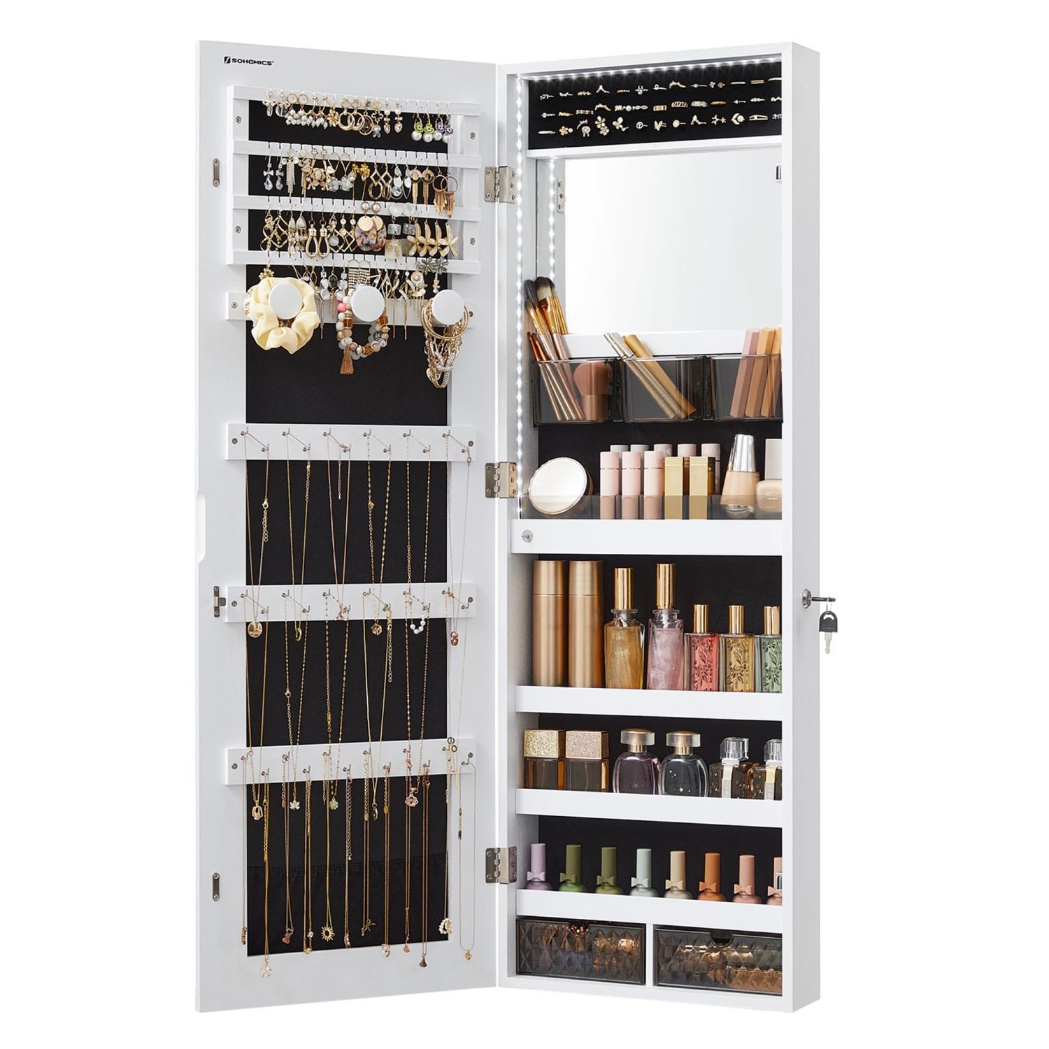 Armoire à bijoux SONGMICS avec miroir éclairé intégré, rangement mural ou de porte, UJJC013W01 blanc