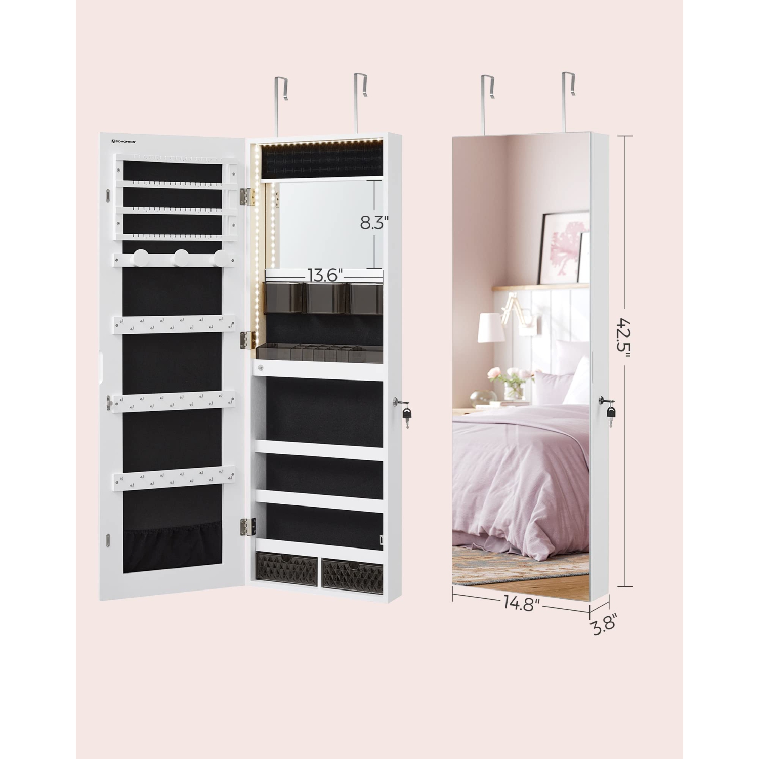 Armoire à bijoux SONGMICS avec miroir éclairé intégré, rangement mural ou de porte, UJJC013W01 blanc