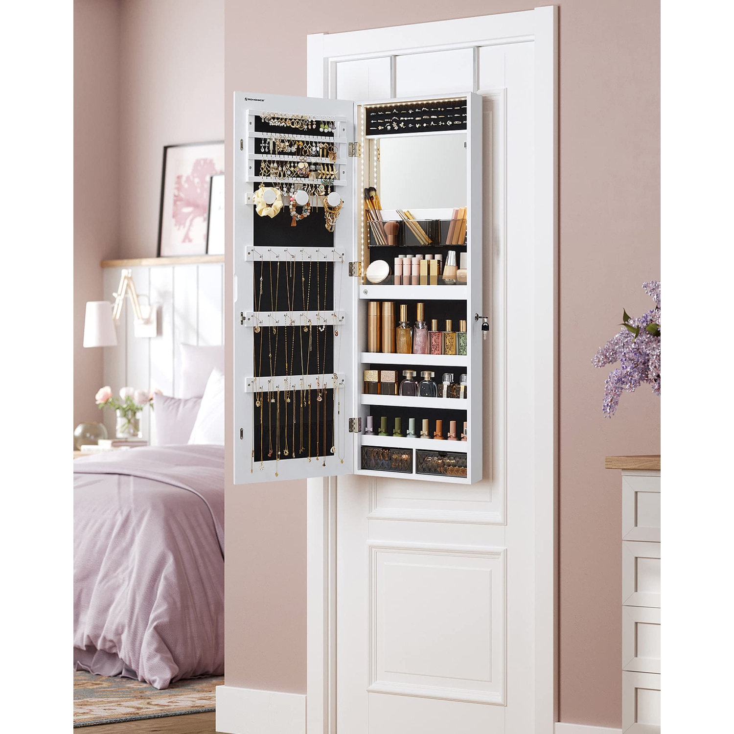 Armoire à bijoux SONGMICS avec miroir éclairé intégré, rangement mural ou de porte, UJJC013W01 blanc