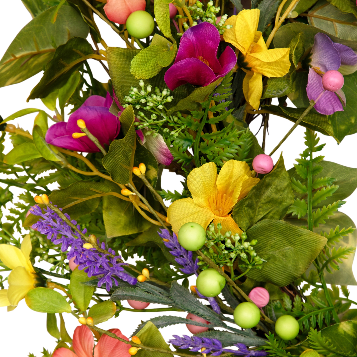 Couronne de printemps artificielle à fleurs mixtes - 22&nbsp;po - Jaune et rose