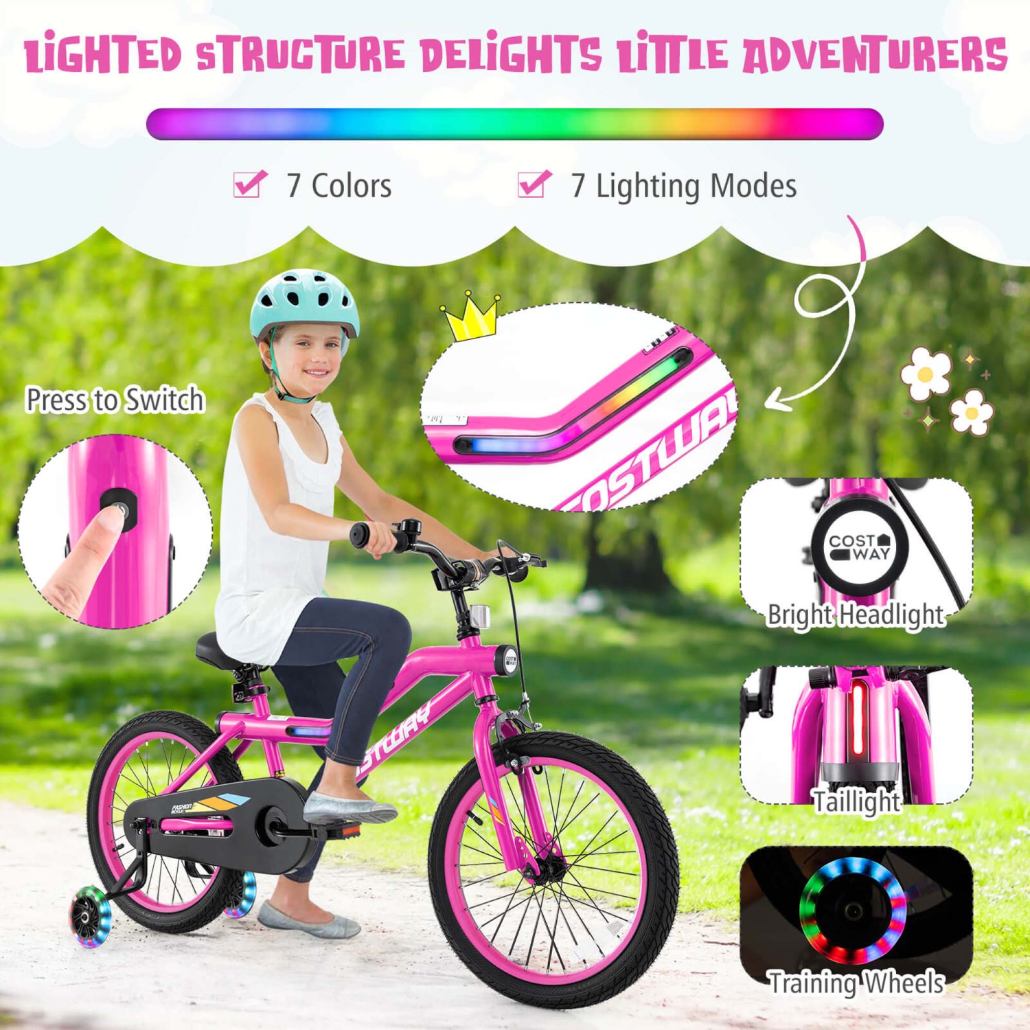 Costway 18" LED Lighted Kids Bike with Adjustable Seat Coaster Brake Training Wheels