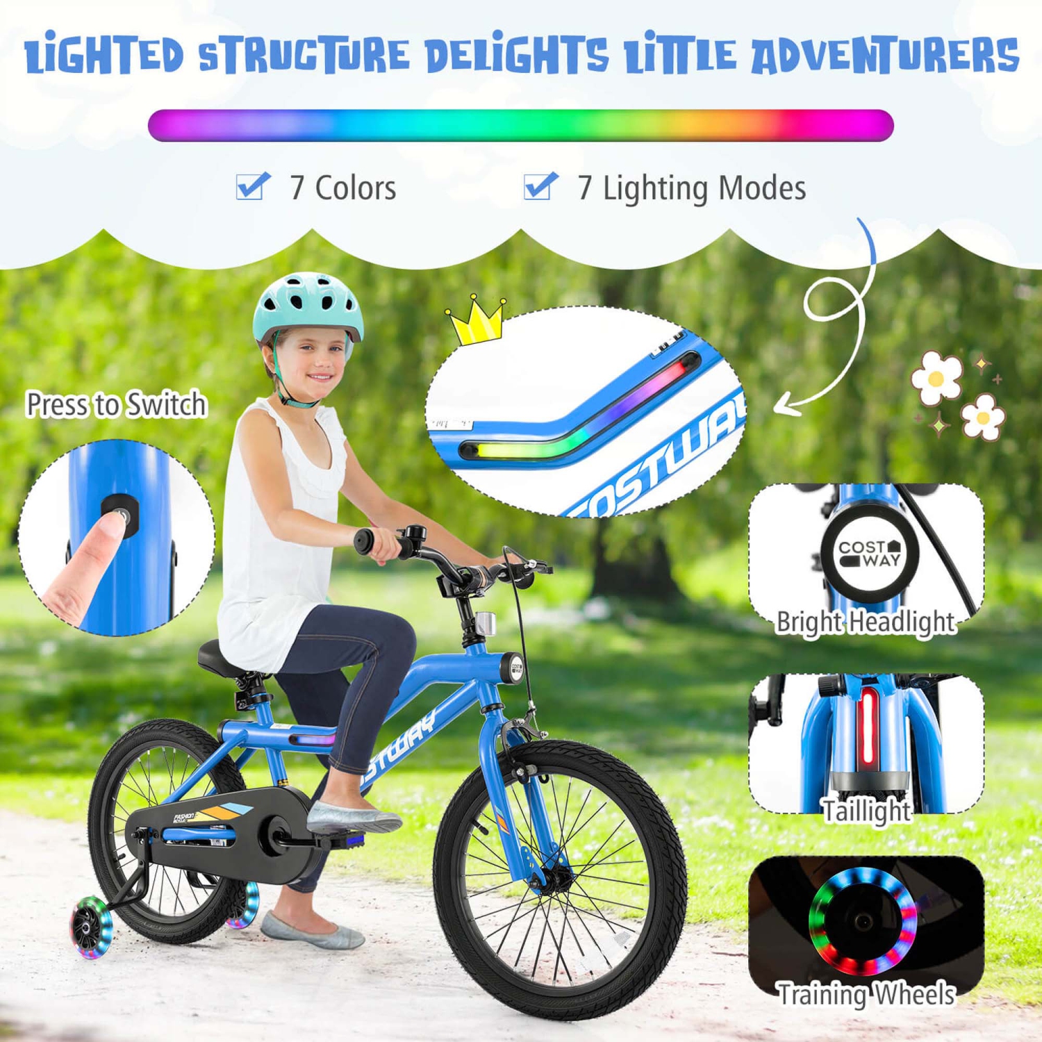 Costway 18" LED Lighted Kids Bike with Adjustable Seat Coaster Brake Training Wheels