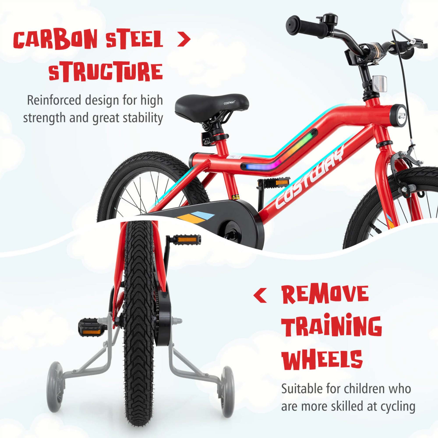 Costway 18" LED Lighted Kids Bike with Adjustable Seat Coaster Brake Training Wheels