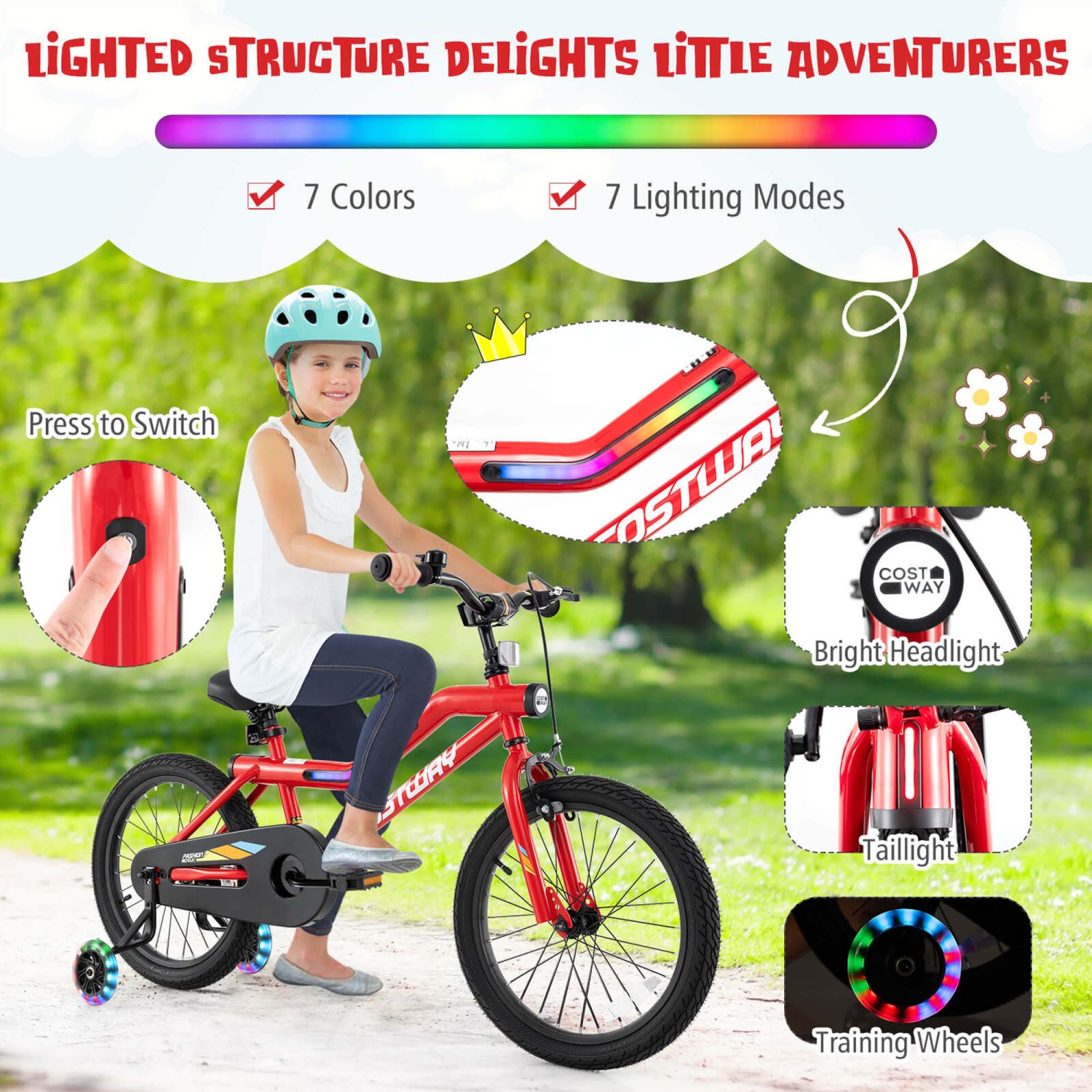 Costway 18" LED Lighted Kids Bike with Adjustable Seat Coaster Brake Training Wheels